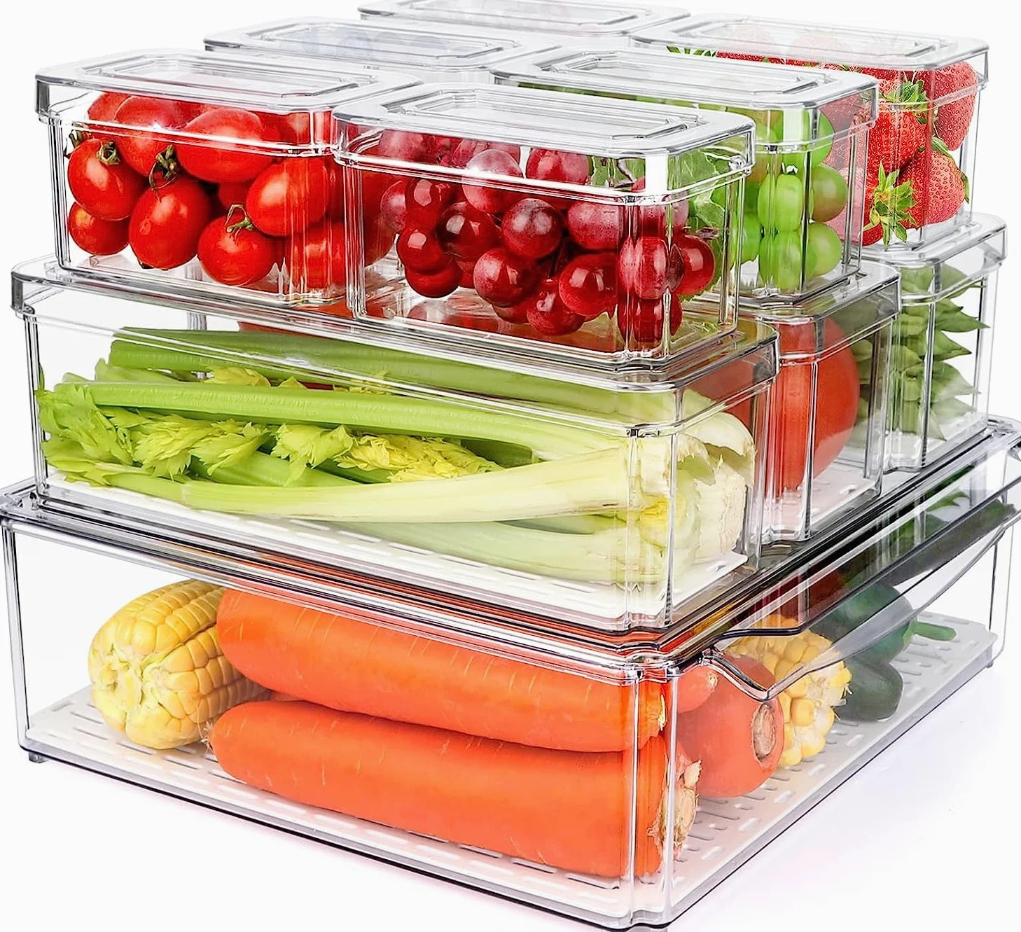 KAHEIGN 10 Pezzi Organizzatori di Frigoriferi, 3 Taglia Contenitore Trasparente Impilabile Contenitore in Plastica Senza BPA per Piani Cucina Armadi Frigorifero Magazzinaggio Bevande Frutta Verdura