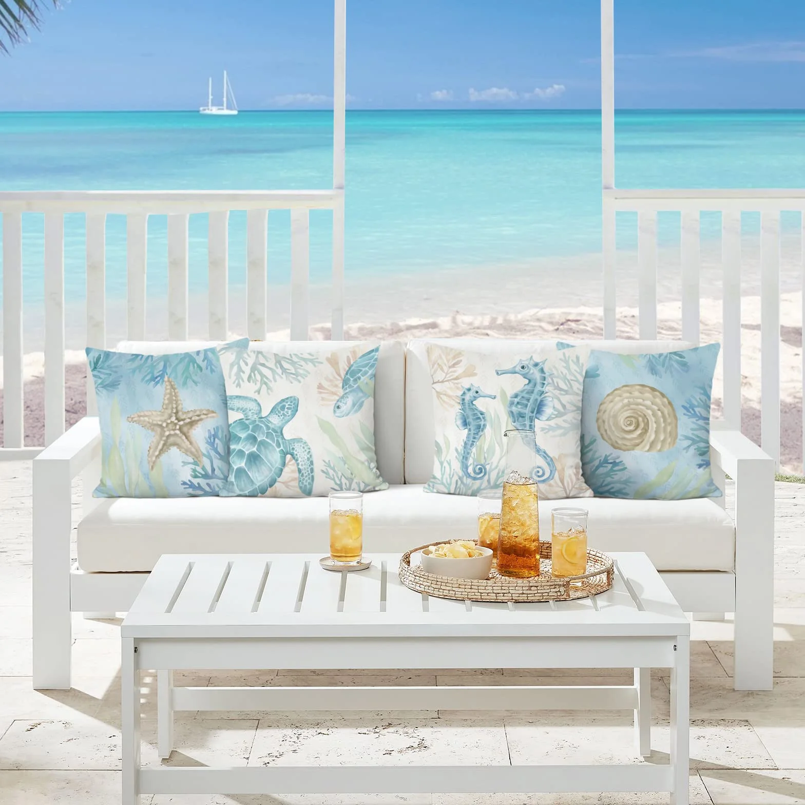 Bonhause Federe per Cuscini Spiaggia Oceano 45 x 45 cm Copricuscini Cavalluccio Marino Tartaruga Stella Marina Costiera Velluto Morbido Federa per Cuscino Divano Casa Decorazione Set di 4