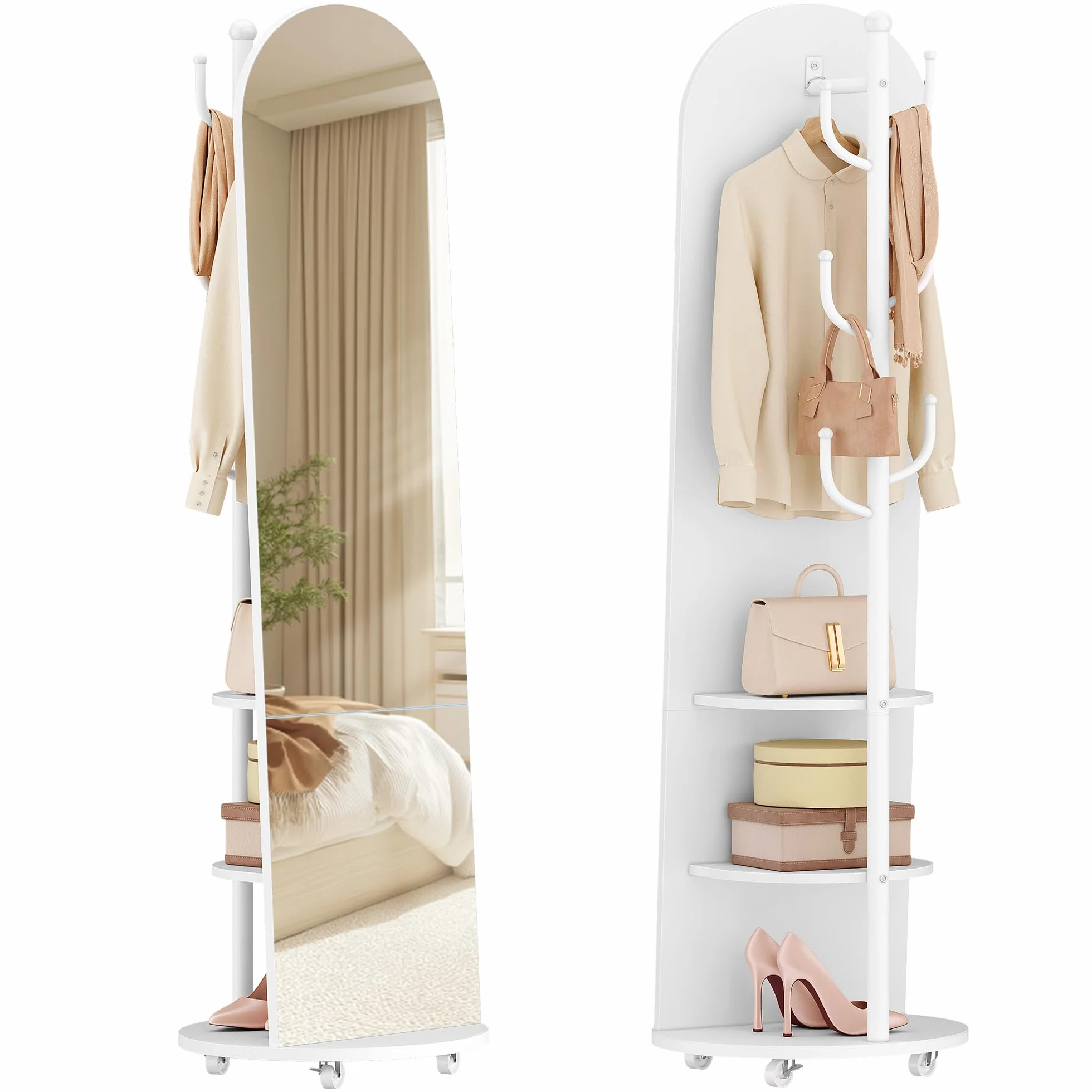 Hzuaneri Specchio a Figura Intera, Specchio da Terra con Ruote Girevoli a 360°, 165 x 45 cm, 2 Ripiani e 6 Ganci, per Camere da Letto, Cabine Armadio e Soggiorno, Vetro Temperato, Bianco DM42303W
