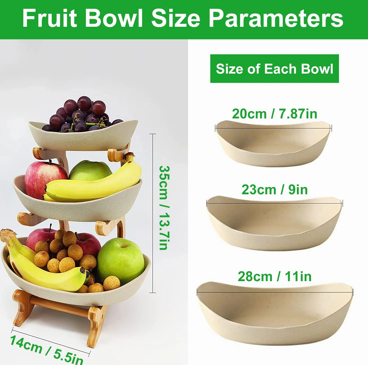 TonKeramik - Alzata per frutta, 3 piani, in porcellana, 3 ripiani, con supporto in bambù naturale, per frutta, torte, dolci