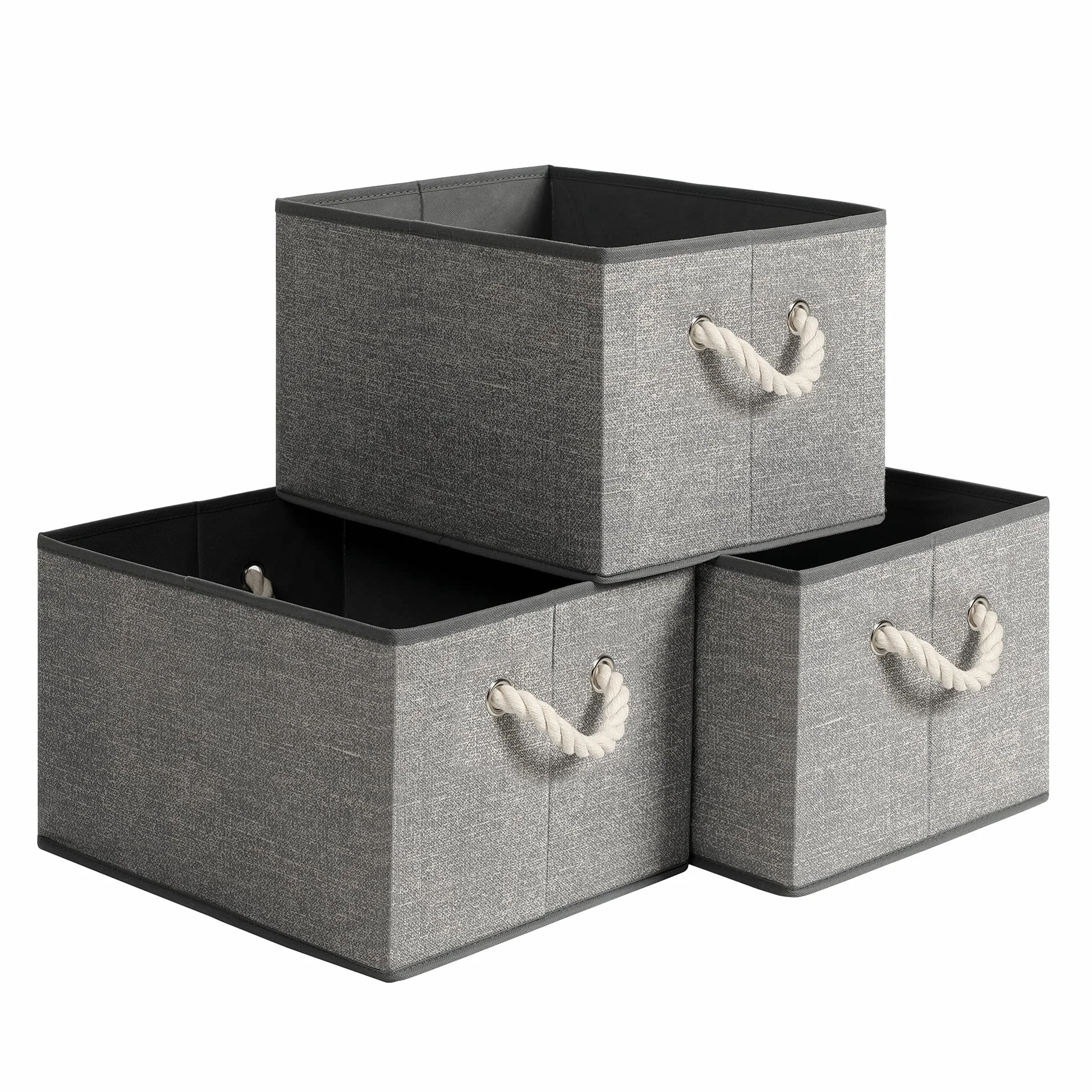 SONGMICS Scatole Portaoggetti in Tessuto, Set di 3 Contenitori con Manico, senza Coperchio, Organizzatori, 40 x 30 x 25 cm, Effetto Simil Lino, Grigio RFB013G01