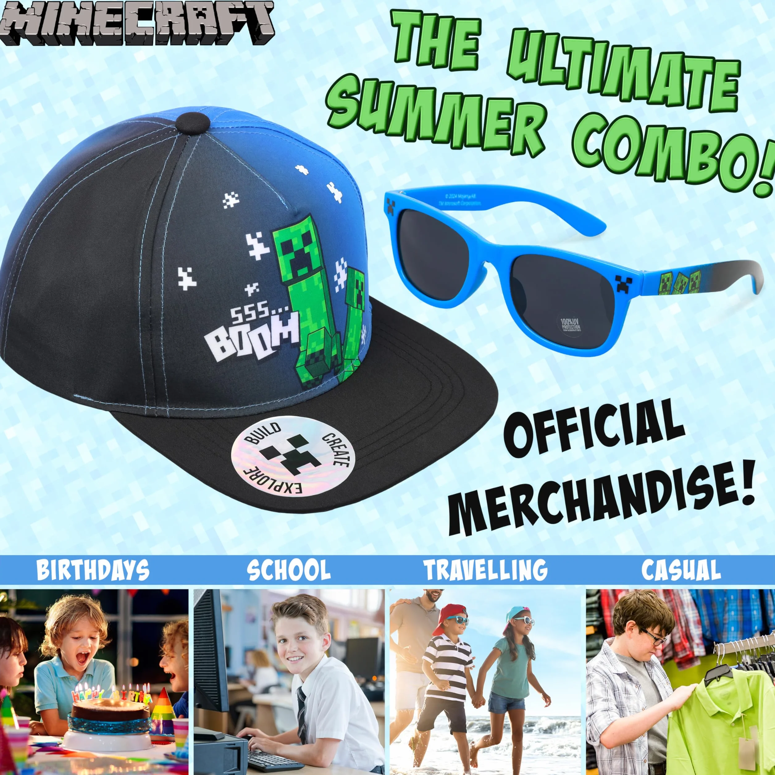 MINECRAFT Occhiali Sole Cappello Bambino Set Creeper Berretto Baseball Regolabile Visiera UV