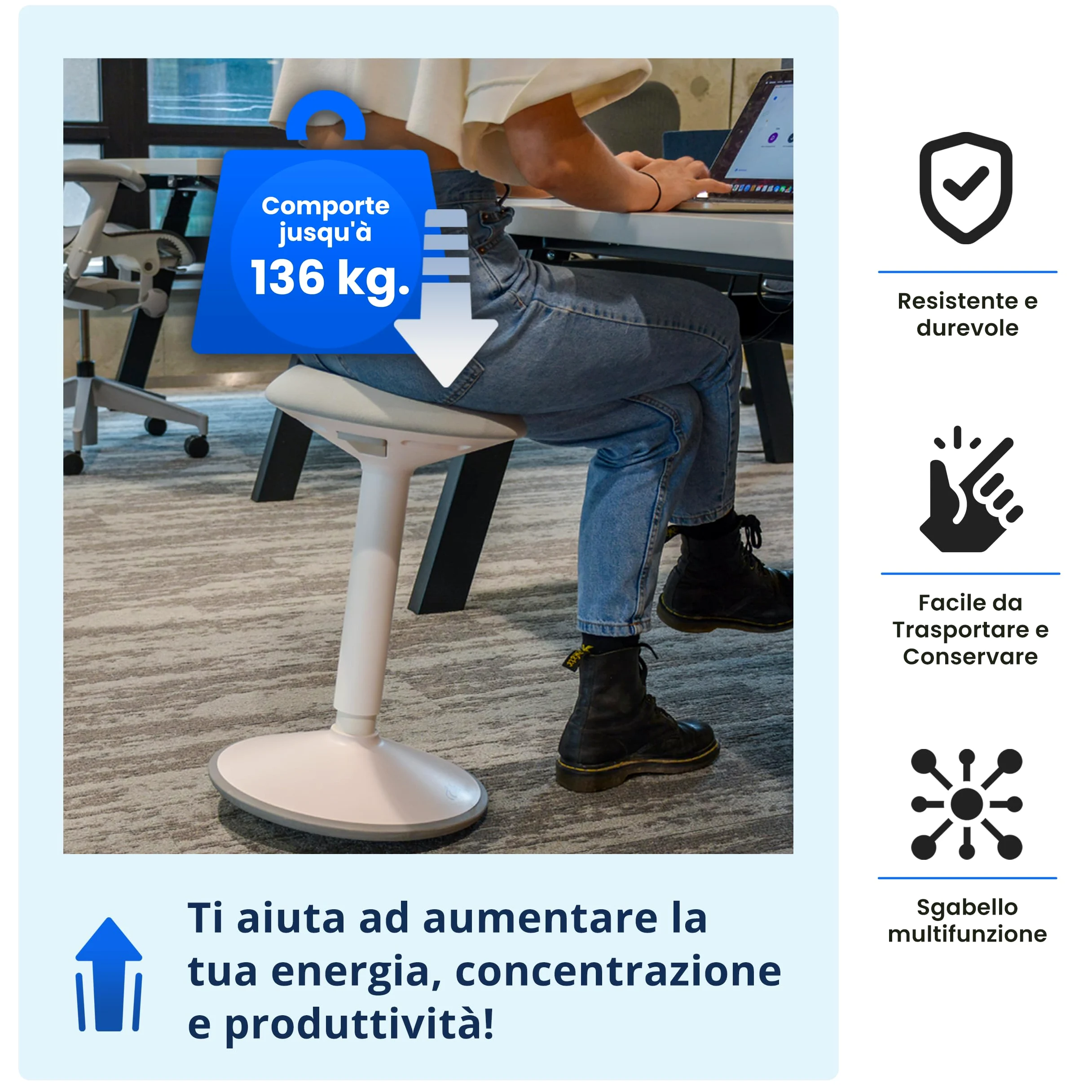 Backerz Sgabello Ergonomico - Sgabello Girevole da 55 a 80 cm con effetto dondolo - Sedia da Ufficio per Casa, Ufficio, Studio - Cuscino a Schiuma, Esterno in Lino Impermeabile - Bianco Opaco