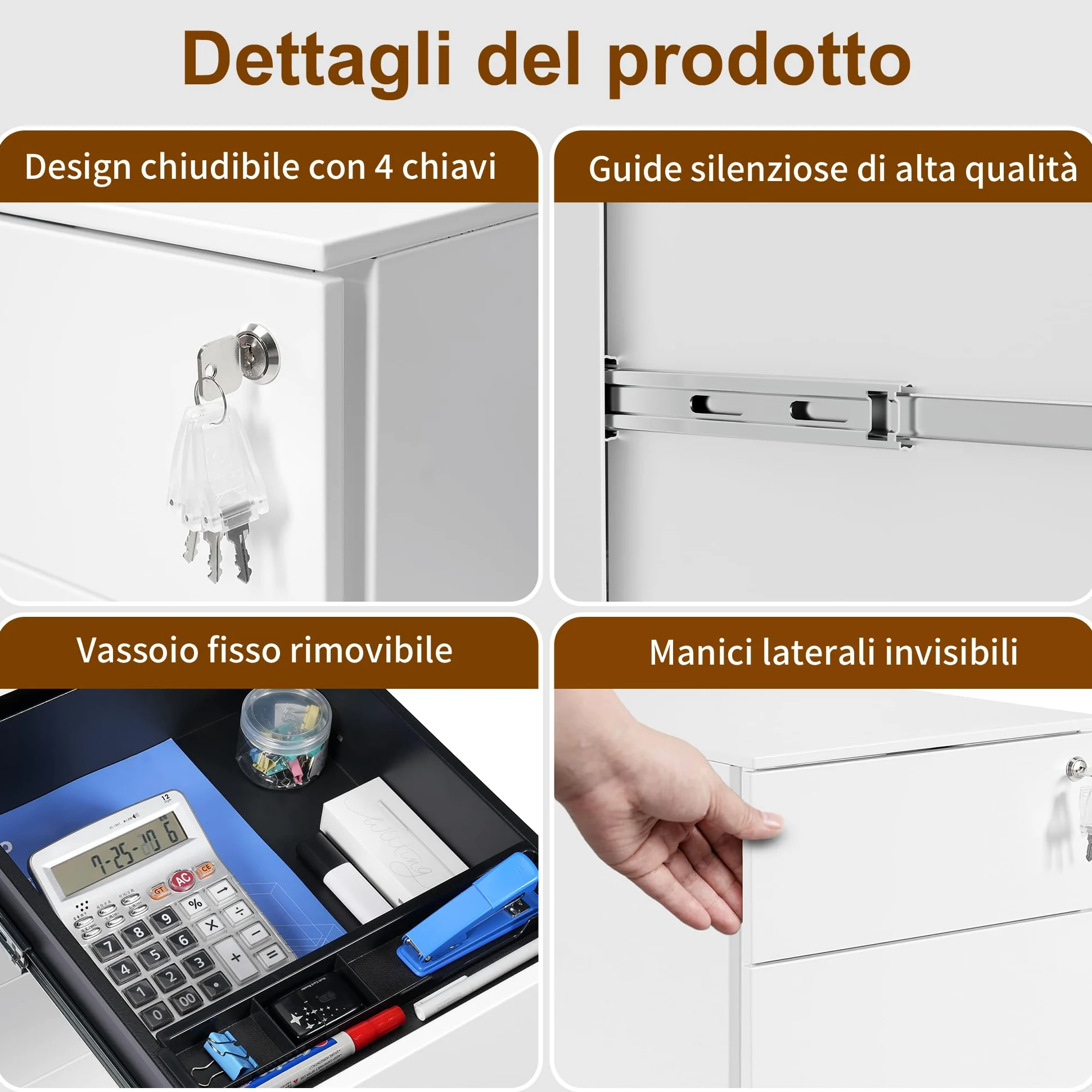 Cassettiera Scrivania Mobile, Cassettiera con 3 serrature, 4 Chiavi, 3 Cassetti, in Acciaio, Preassemblato, Bianco