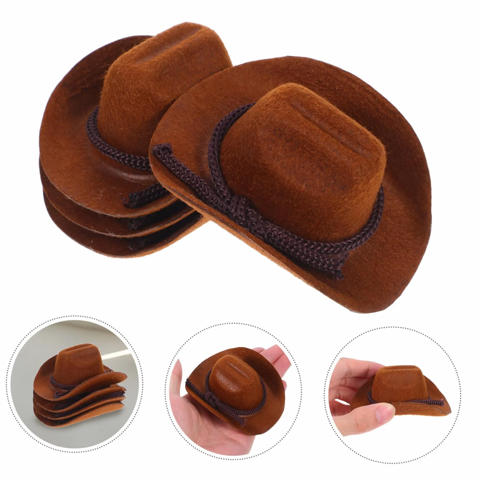 FRCOLOR Set di 4 mini cappelli da cowboy per lavori di bricolage, graziosi cappelli in miniatura per bambole, accessori per la casa delle bambole e feste a tema occidentale e floccati