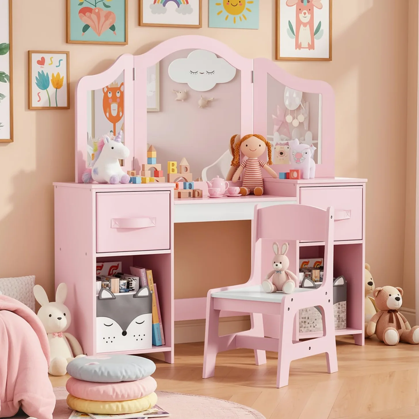 Clevich Toeletta per Bambini in Legno, Con Specchio Staccabile, Cassetti in Tessuto e Sedia, Scrivania per Bambini Robusta, Toeletta Trucco 2 in 1 per Bambina per 3 Anni, 108x30x114 cm (Rosa-Bianco)