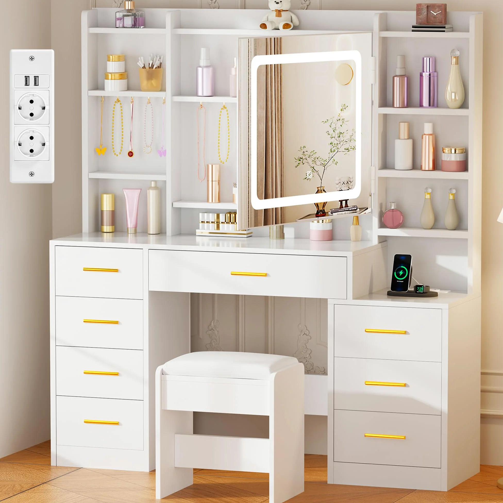 BEWISHOME Grande Toeletta da Trucco con Specchio e Luci, Sgabello e Presa | luminosità Regolabile,Tavolo Trucco con 8 Cassetti e 8 Ripiani Aperti, Moderna Postazione Trucco per Camera da Letto, EFST53M