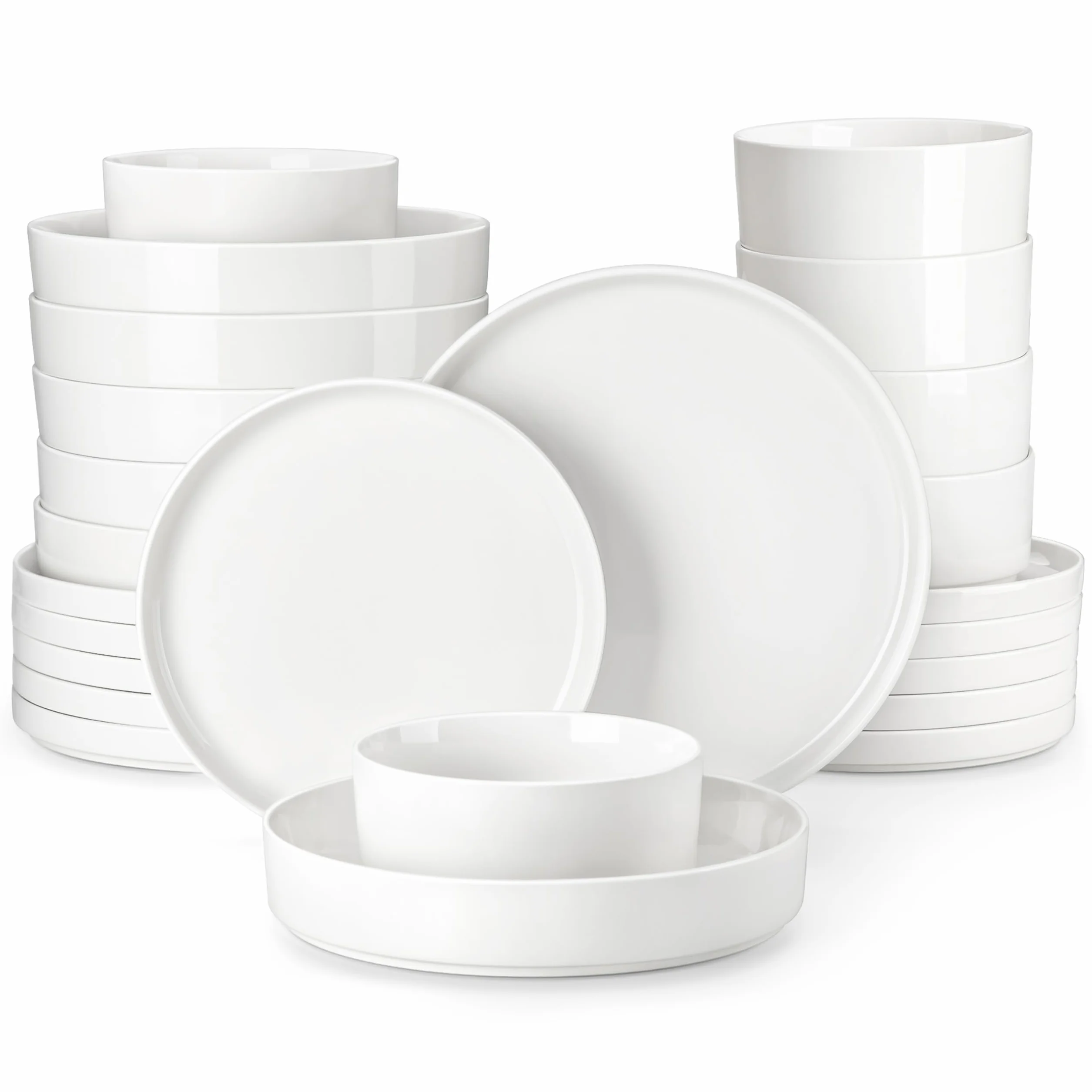 MALACASA Servizio di Piatti in Porcellana per 6 Persone, 24 Pezzi con Piatti Piani ∅ 26 cm e Piatti da Dessert ∅ 21 cm, Ciotole per Cereali da 760 ml e per Pasta da 1240 ml, Colore Bianco, Serie LEAH