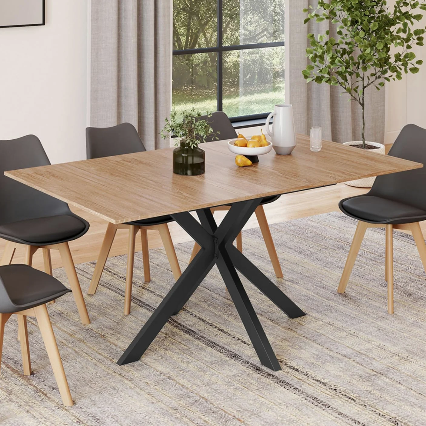 IDMarket - ALIX Tavolo da pranzo rettangolare allungabile per 4-8 persone con gamba in legno e ragno nero 120-160 cm