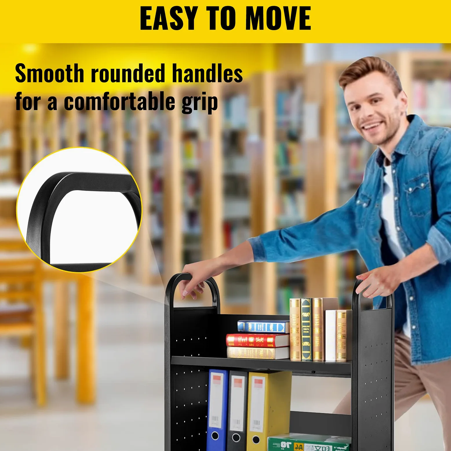 VEVOR Carrello per libri, 90,7 kg, 76 x 35 x 114 cm, ripiani inclinati a forma di V su un lato con ruote bloccabili da 10 cm, per mensole domestiche, ufficio e scuola, camion dei libri in nero
