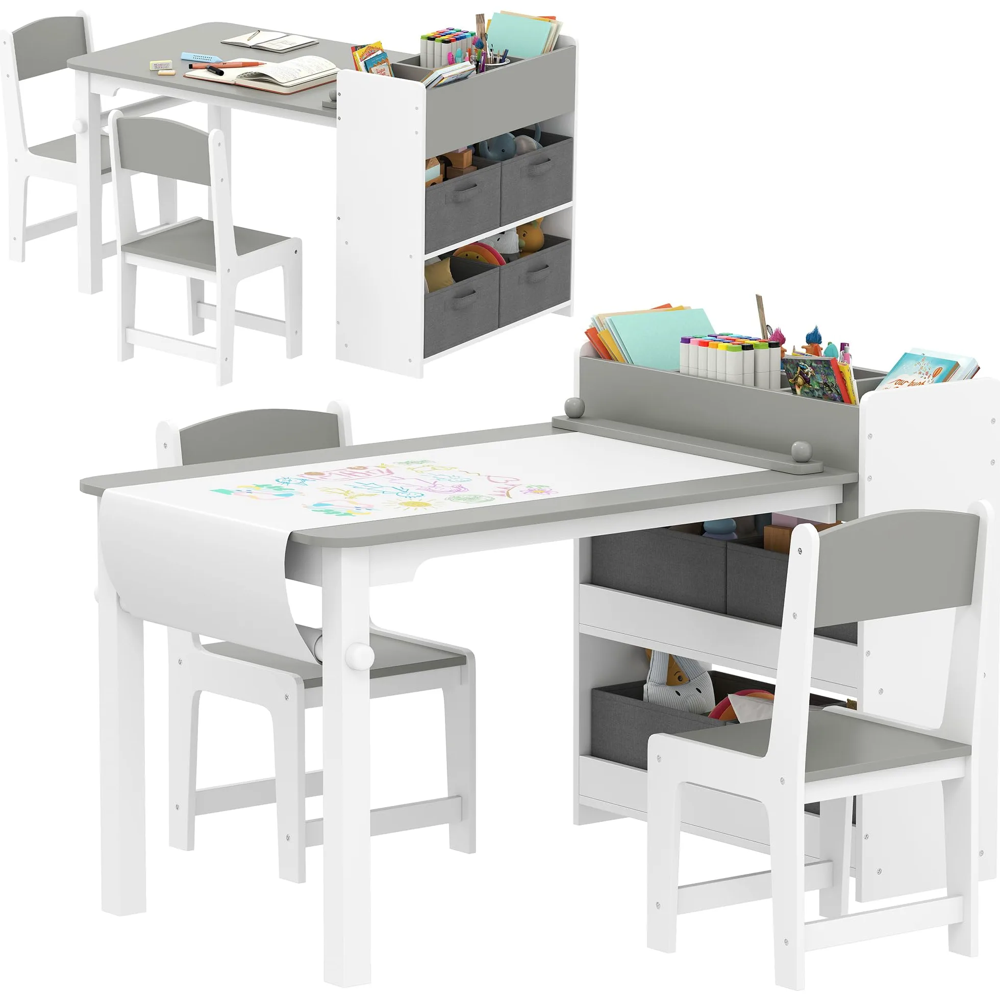 AIYAPLAY Set Tavolo e Sedie per Bambini 3-8 Anni con 2 Sedie e Tavolino con Spazio Contenitore, Mobili per Bambini in Legno di Pino e Tessuto non Tessuto, Bianco e Grigio