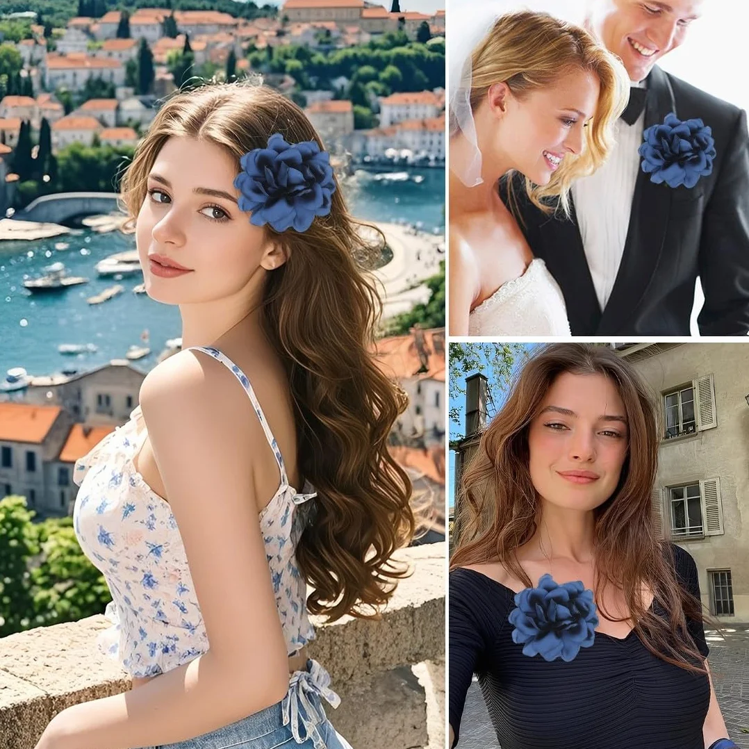 Spilla Fiore Rosa in Raso di Seta per Abiti, Spilla da Bavero Floreale Grande, Fermaglio Capelli Donna, Elegante per Matrimonio Festa Danza (Blu Scuro)