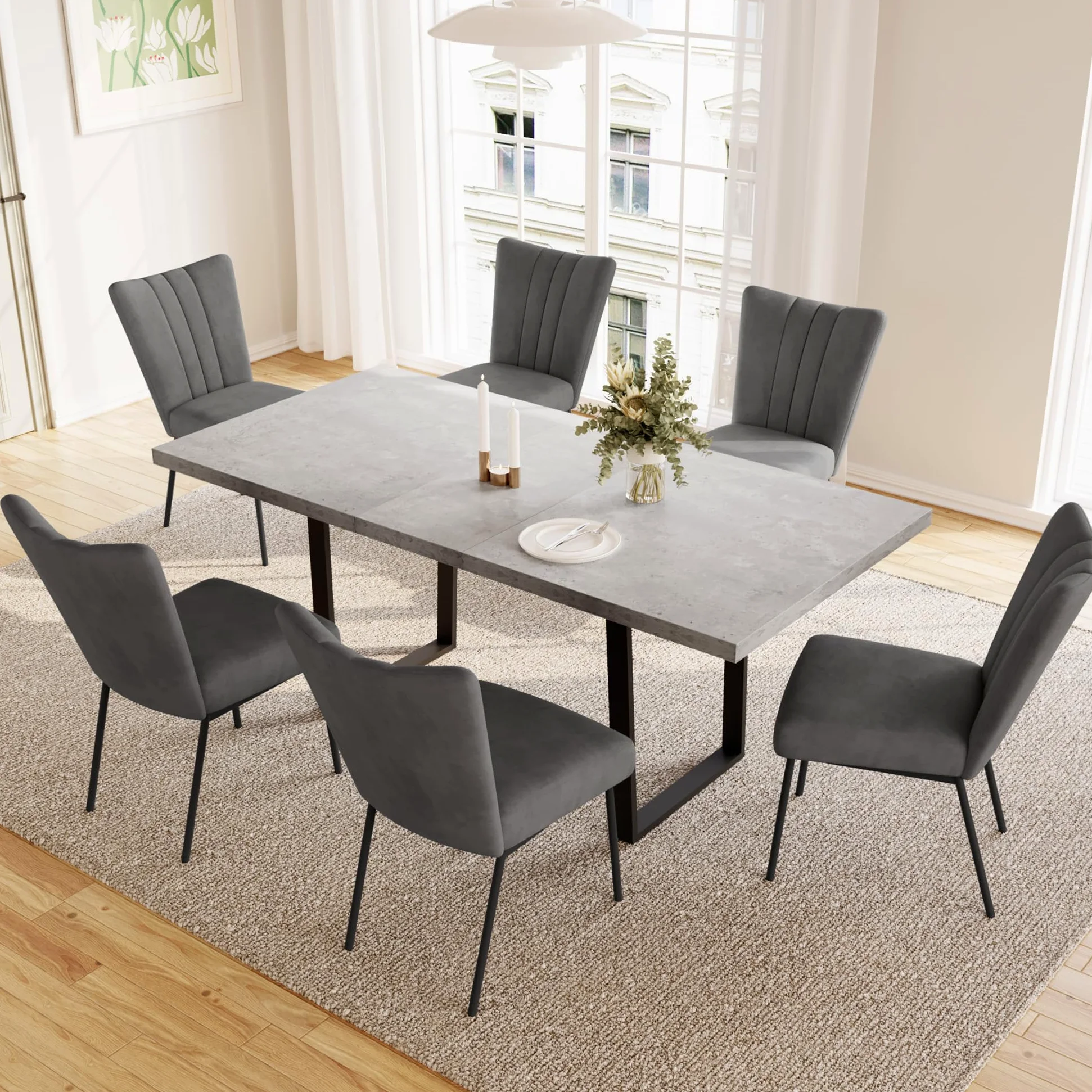 JIEXI Tavolo da pranzo allungabile 4-6 posti, tavolo da pranzo allungabile e sedie, materiale MDF moderno, adatto per soggiorno, cucina, lunghezza 130-170 cm