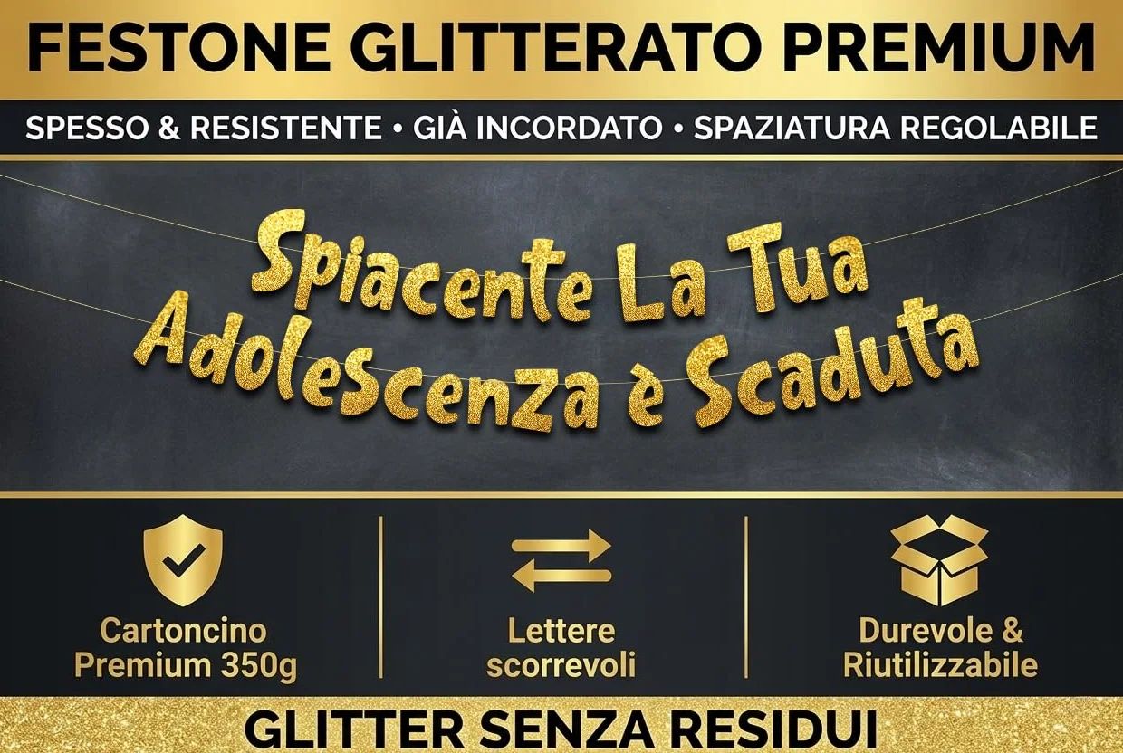 18° Compleanno Striscione "La Tua Adolescenza È Scaduta" Oro Glitterato – Decorazioni Compleanno Divertenti, Gadget & Regali per Lei e Lui