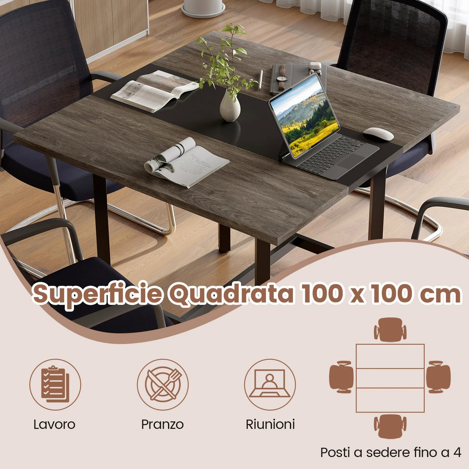 COSTWAY Tavolo da Conferenza Quadrato 100 cm, Tavolo da Riunioni con Piano Rinforzato e Struttura Metallica Robusta, Ideale per 4 Persone da Ufficio e Sala Riunioni (Grigio)