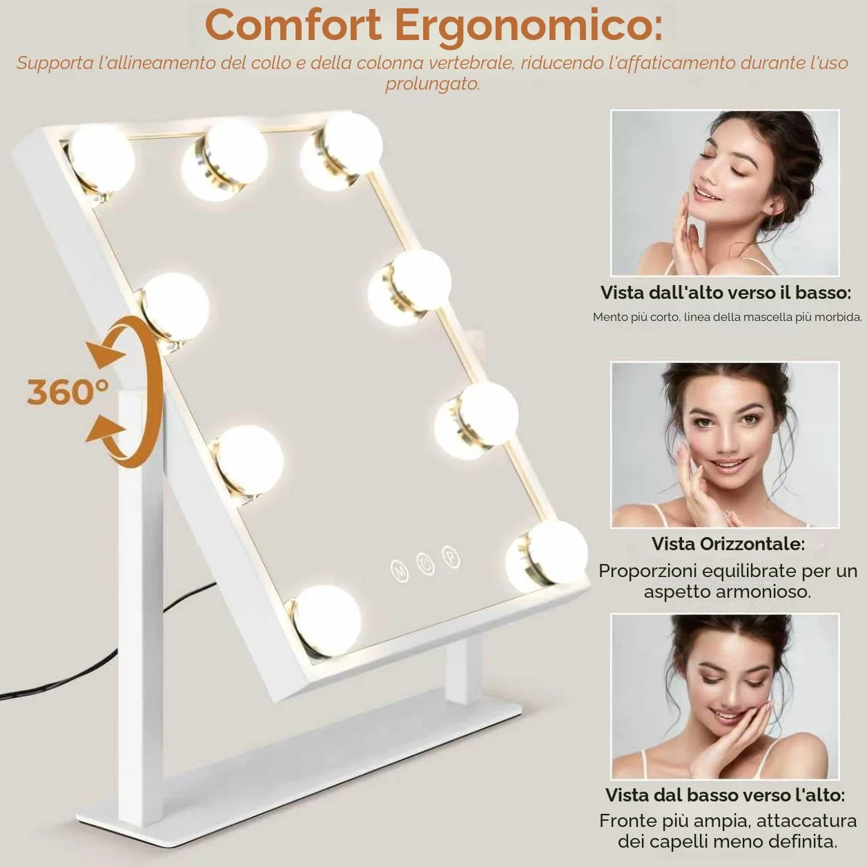 LuxeVue Hollywood Specchio da trucco con luci, specchio illuminato con luce a 3 colori e 9 lampadine a LED dimmerabili, schermo touch intelligente e rotazione di 360 gradi
