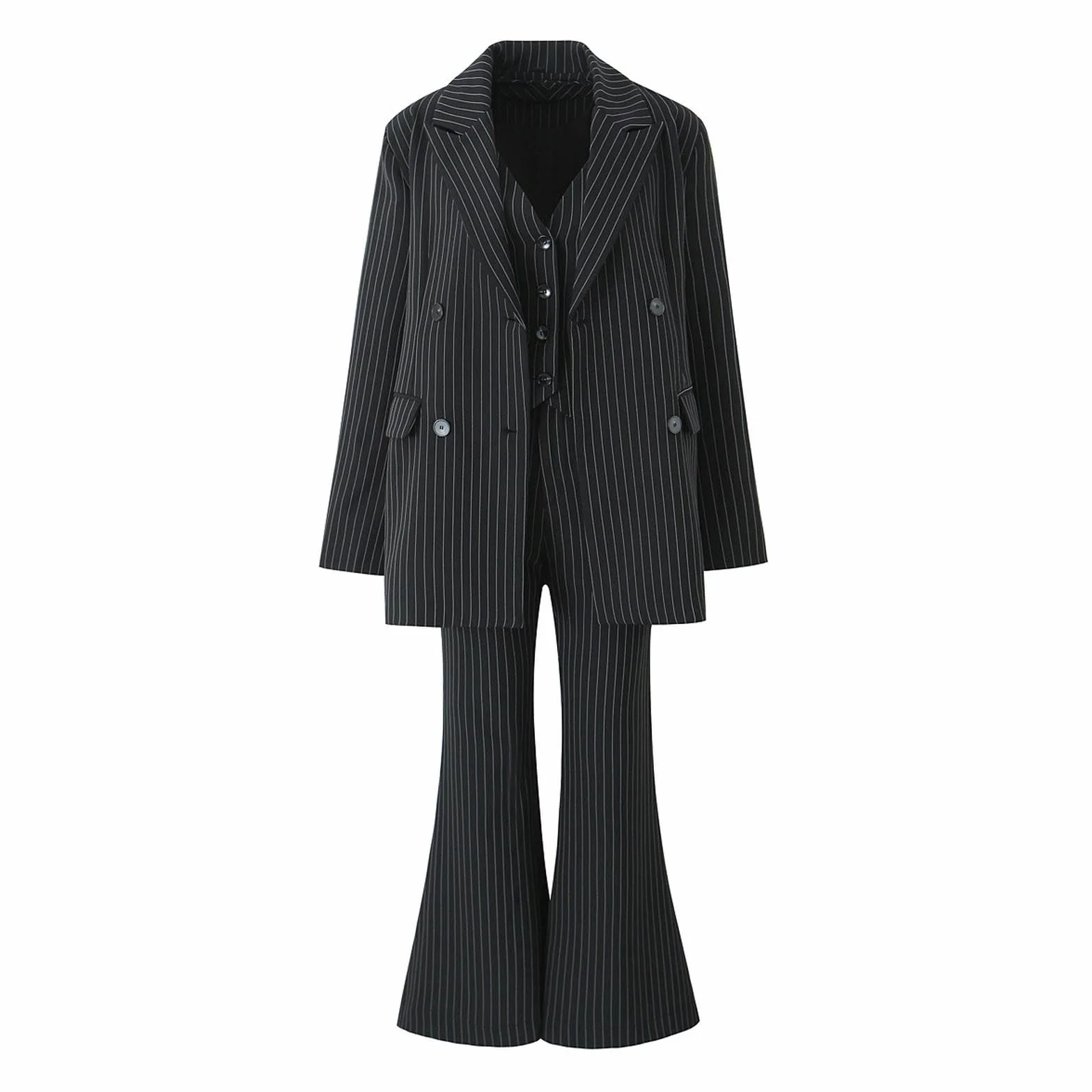 Abito Tre Pezzi a Righe da Donna New Yuppie Giacca Gilet Pantaloni Svasati Set L