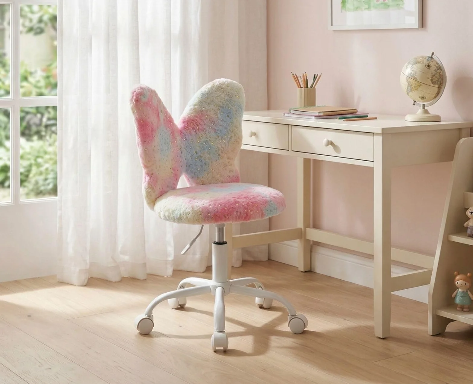 chairus Sedia Scrivania Bambina a Forma di Farfalla, Rosa | Sedia da ufficio per Bambini in Pelliccia Sintetica con Seduta Girevole Poltrona Altezza Regolabile per Studenti