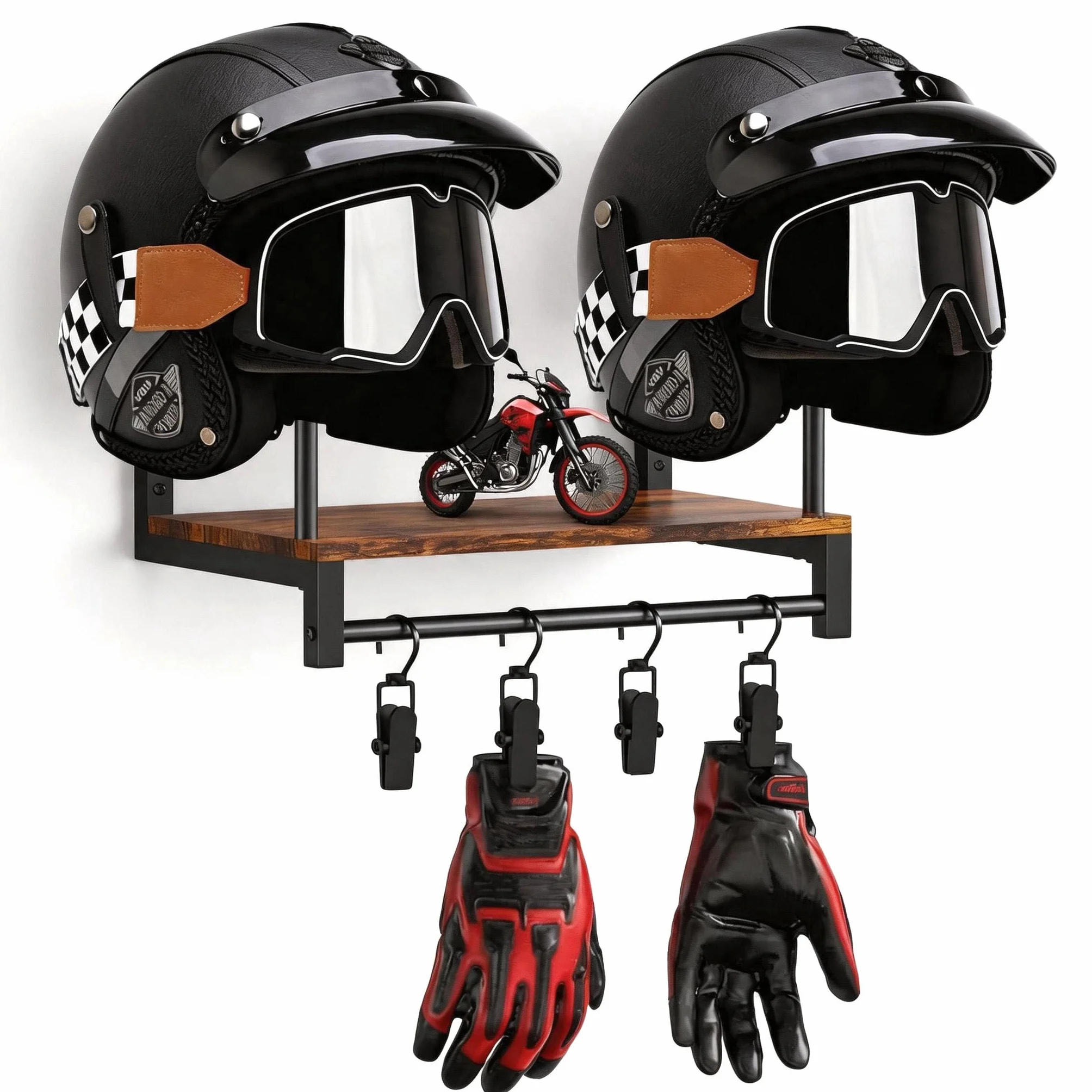 Porta Casco Moto da Parete per 2 Caschi con 4 Clip Appendere Guanti Abbigliamento Moto