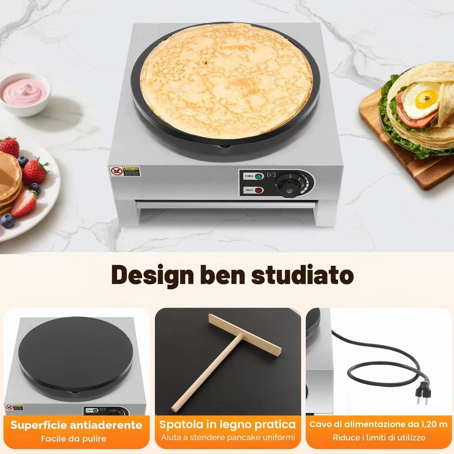Crepe maker elettrico 40 cm 3 KW 50-300 °C vassoio estraibile termostato integrato