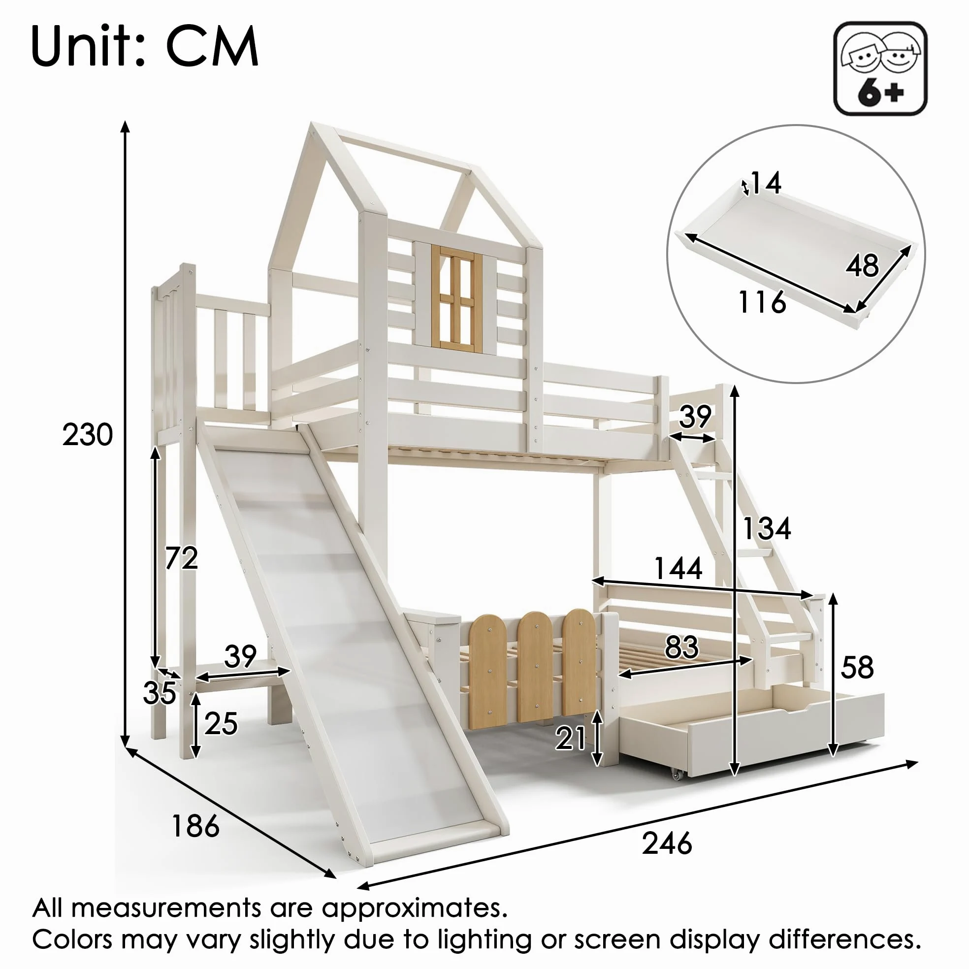 Letto a Castello 90x200 e 140x200cm con Rete a doghe, Letto Matrimoniale con Cassetto, Scivolo e Scaletta, letto a Soppalco per Bambini, a Forma di Casa, Struttura in Legno Massiccio(senza materasso)