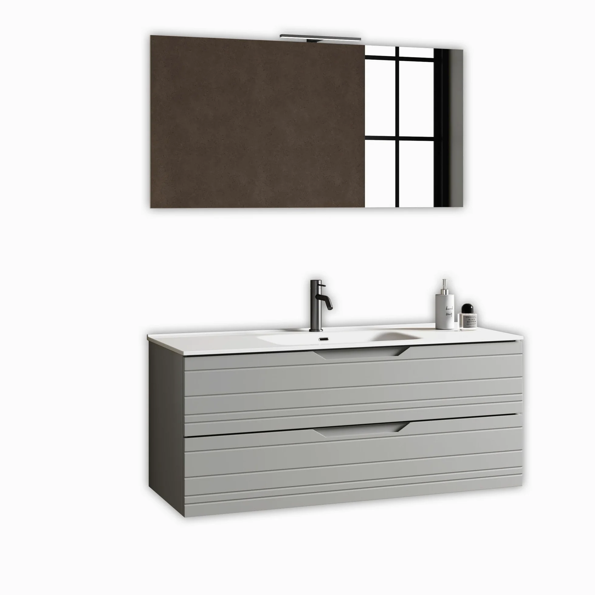 AQA DESIGN accessori casa composizione 4 pezzi bagno, base sospesa con frontali in MDF, finitura grigio opaco, nr2 cassetti con scorrimento e - Grigio - 121x46,5x190 cm