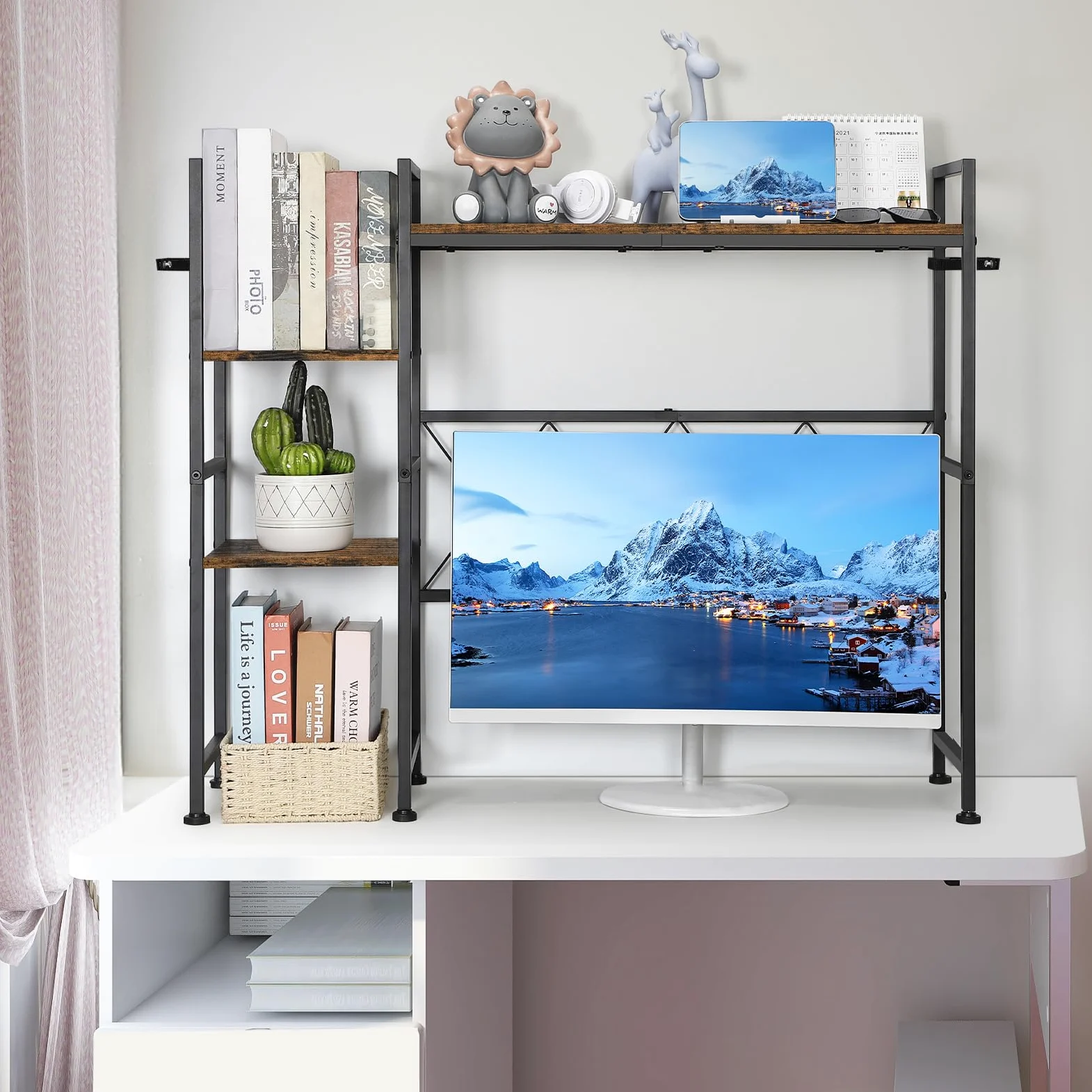 YBING Libreria da scrivania per computer, multiuso, a 3 livelli, con espositore organizer marrone, mensola per scrivania, solo per ufficio, casa, dormitorio, soggiorno