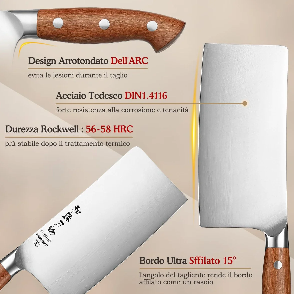 HEZHEN 18cm Mannaia per Carne, Coltello da Chef Cinese, Coltello da Cucina Multifunzionale, Manico in Redwood