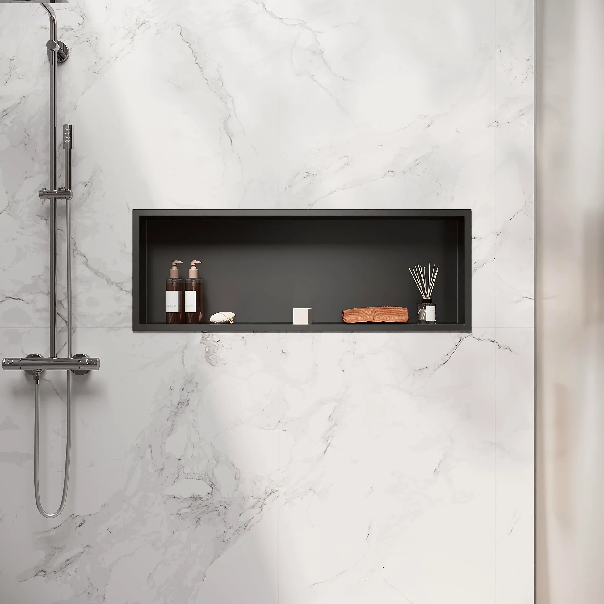 SIRHONA Nicchia da bagno, cuccia da doccia a incasso in acciaio inox, elementi di stoccaggio per la doccia in bagno, 90 x 30 cm, colore: Nero