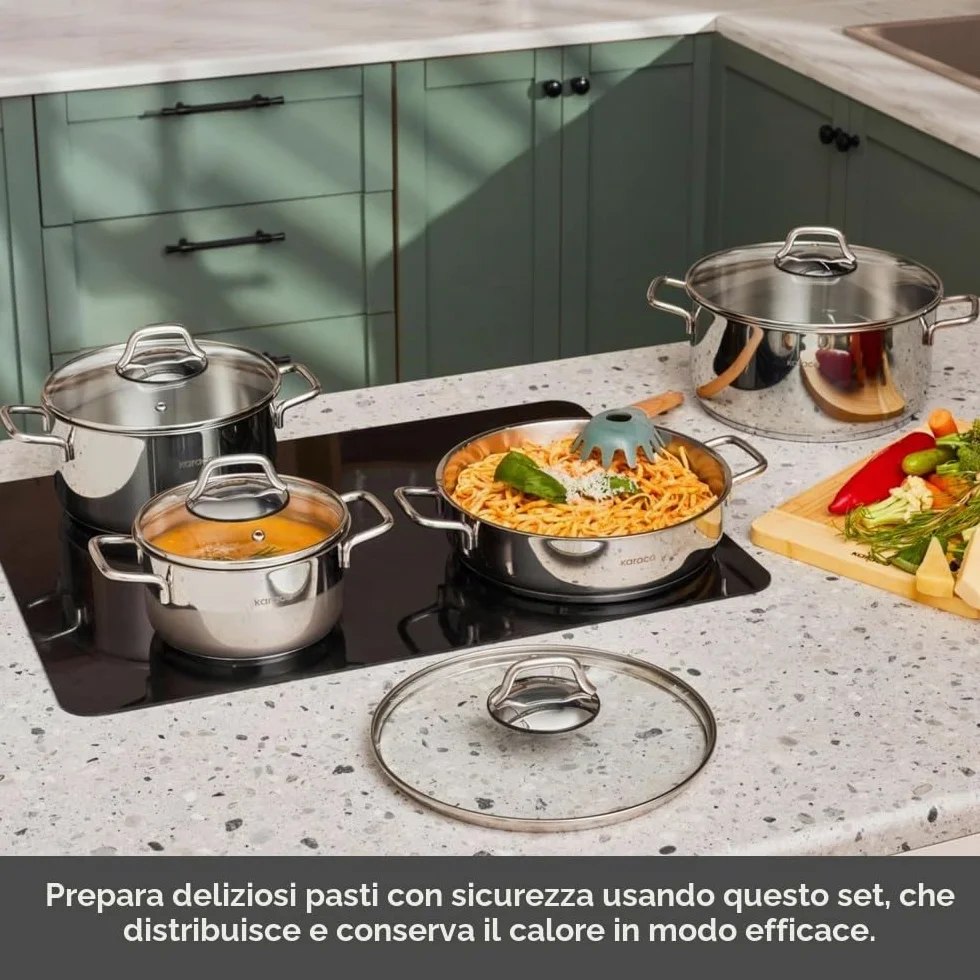 Karaca Belgrado - Set di 15 padelle per matrimonio, in acciaio inox, teiera, set di pentole