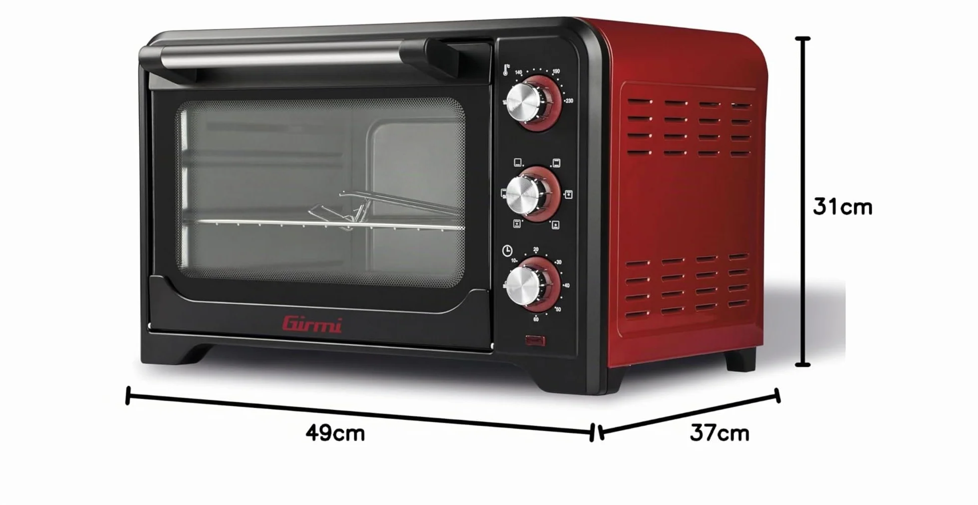 Girmi FE30 Forno Elettrico 1600 W Ventilazione Luce interna Timer Termostato regolabile 230° 4 resistenze Griglia Inox Nero Rosso
