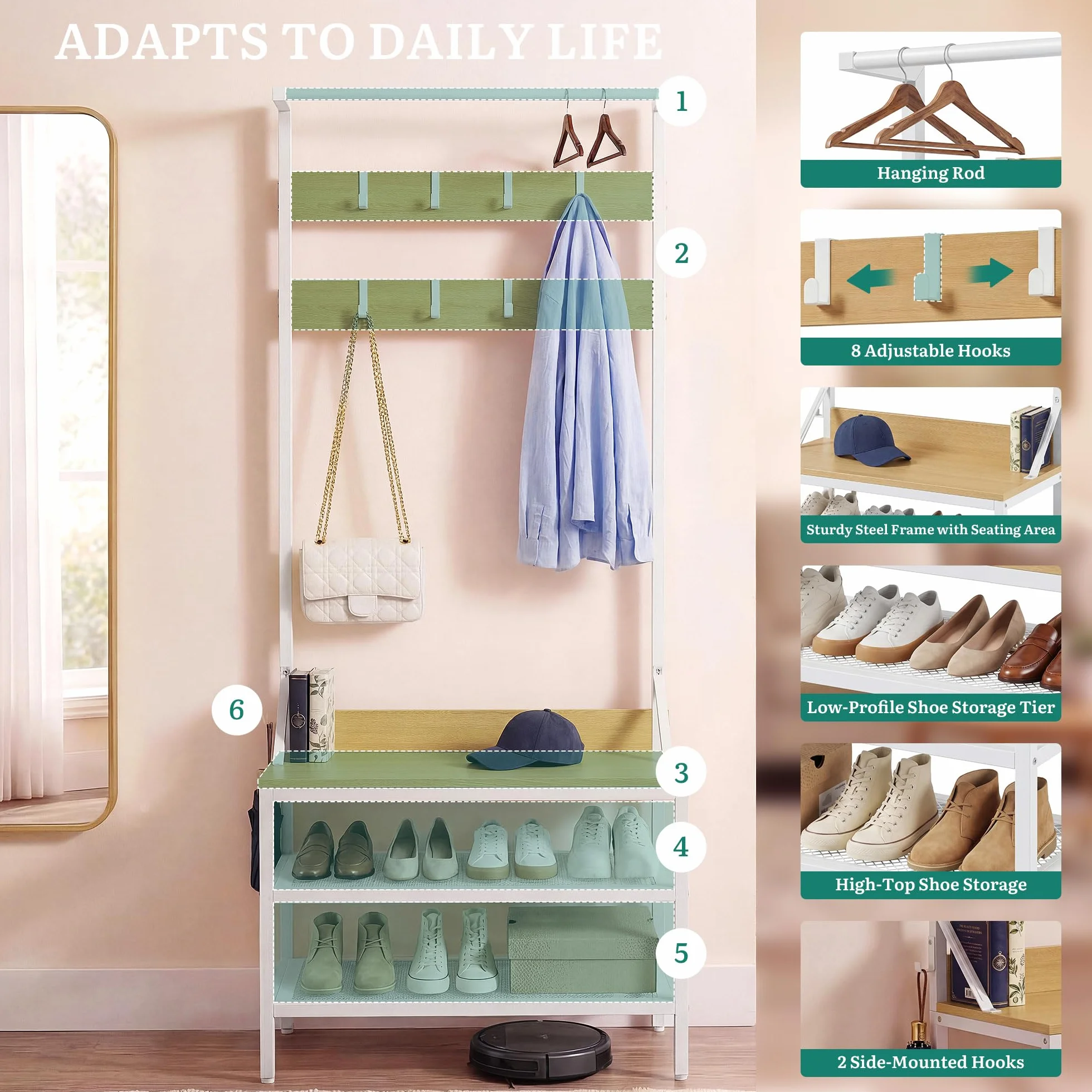 YITAHOME Appendiabiti a 2 ripiani, con porta scarpe, stand appendiabiti, industriale, con 9 ganci per corridoio, soggiorno, camera da letto, telaio in metallo