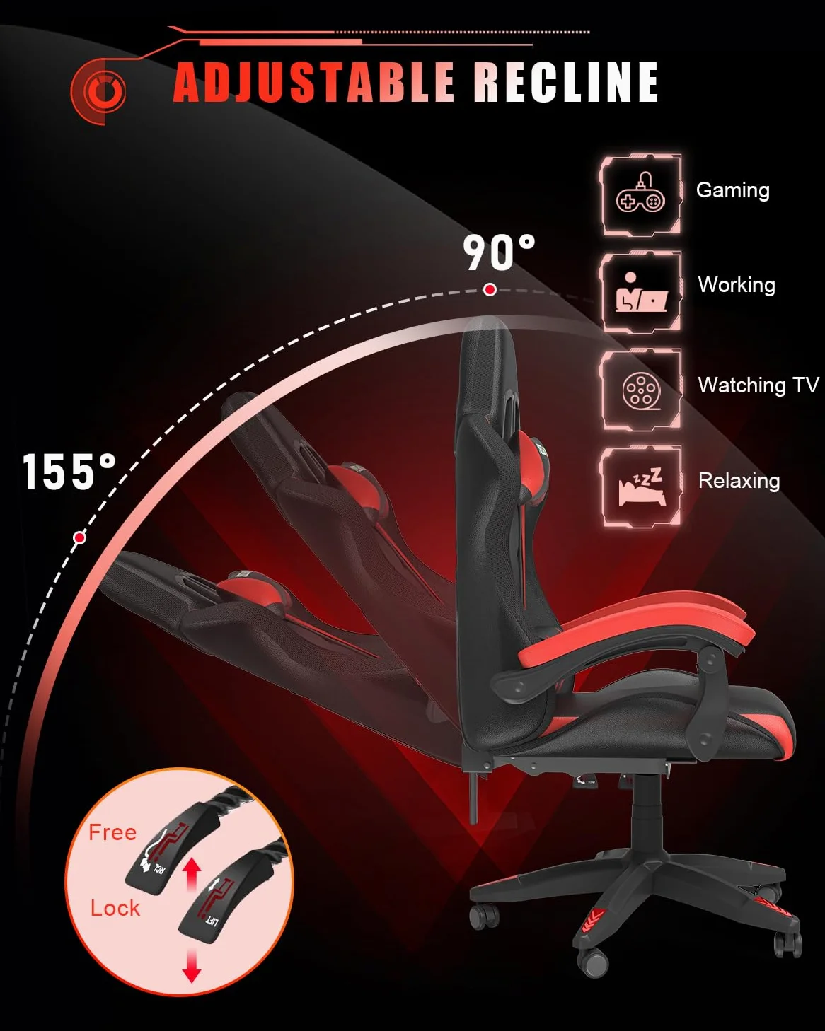 bigzzia Sedia Gaming RGB con Luci LED E Sedia Ergonomica Per Computer Per Videogiochi Reclinabile con Schienale Alto in Pelle Pu con Poggiatesta (Utilizzo di RGB, Rosso)