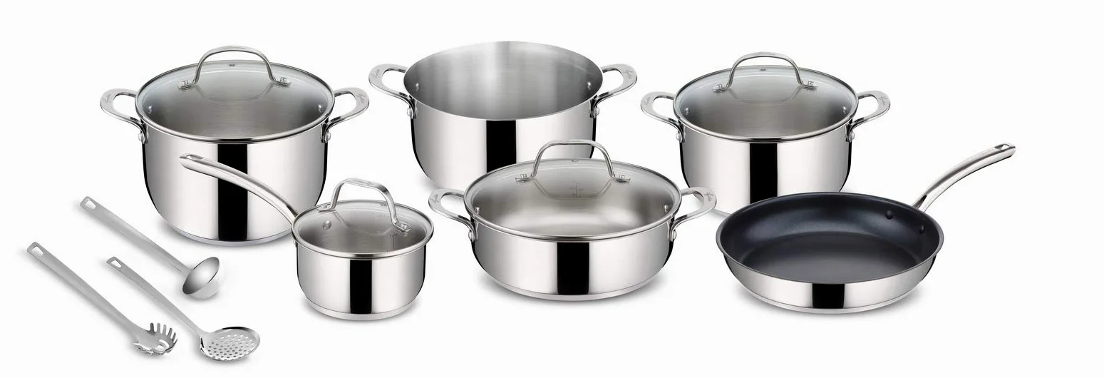 Lagostina Evelia Set di Pentole Induzione, Gas e Forno in Acciaio Inox 18/10, 13 Pezzi & Giada Set Servizio Posate Acciaio Inox 18/10 per 6 Persone, 24 Pezzi, con 6 Forchette