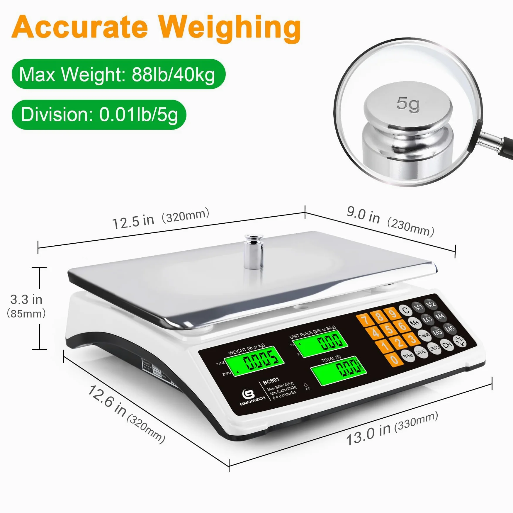 Bilancia per calcolo dei prezzi, 40 kg, bilancia commerciale per alimenti per la pesatura della carne, display LCD e retroilluminazione verde brillante per mercati agricoli, negozi di carne,