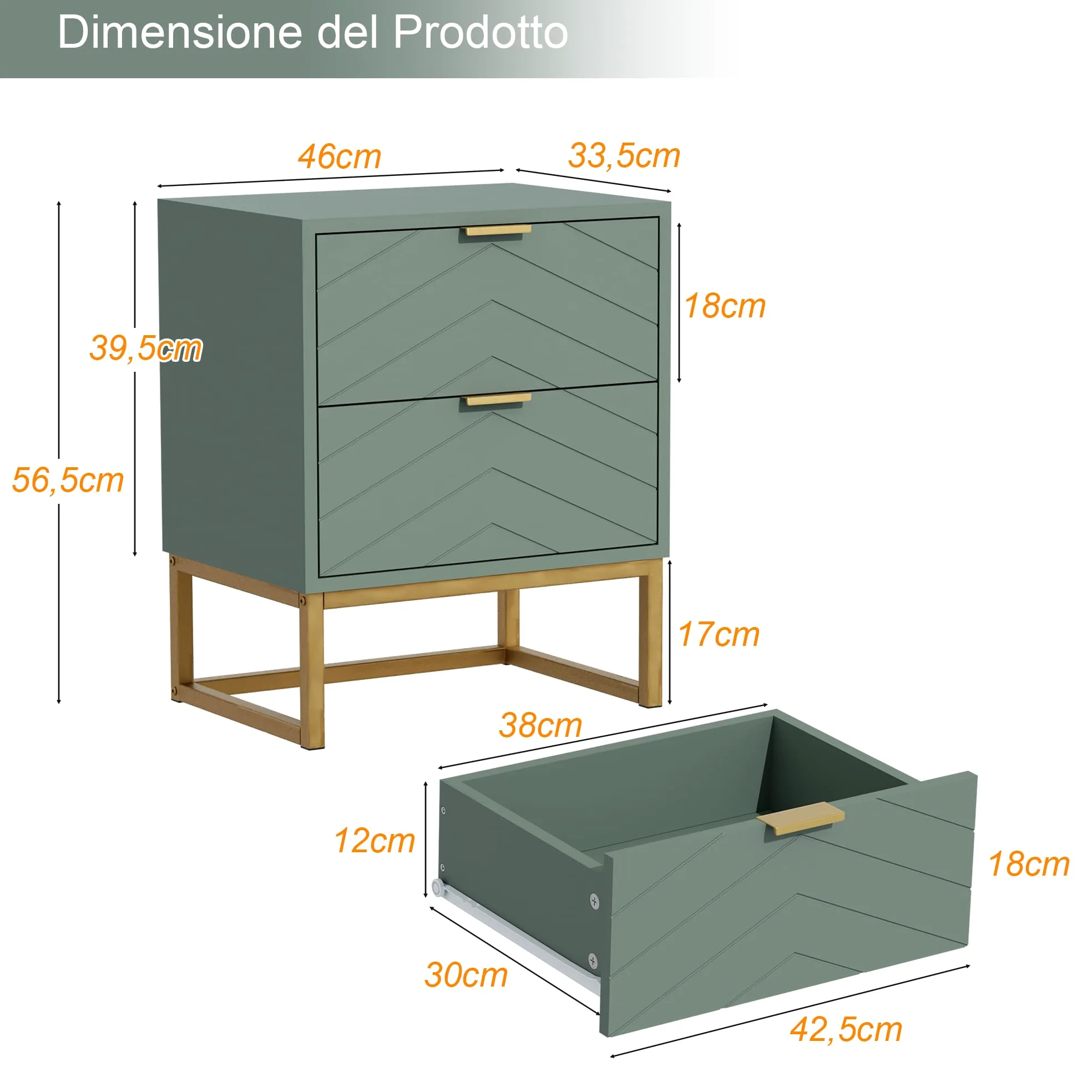 UEV Set di 2 Comodino Camera da Letto con Motivo a V, Mobile Camera da Letto con Miniglie e Piedini in Metallo, Comodino Moderno e Stabile, 46 x 33,5 x 56,5 cm, Verde