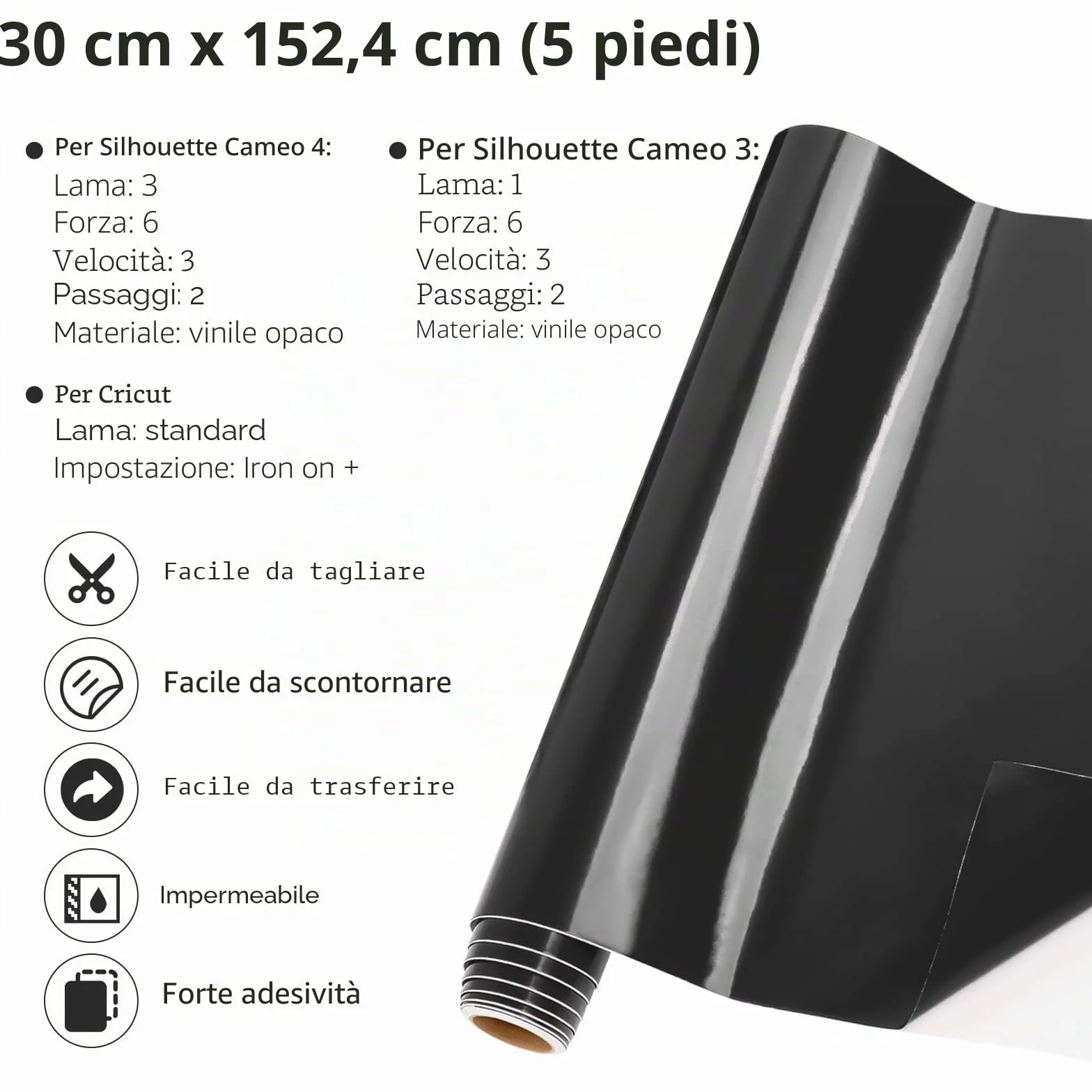 Lya Vinyl Vinile Adesivo Nero Lucido 30,5 x 152,4 cm per Cricut, Silhouette Cameo, Regali Fai Da Te, Tazza, Finestra, Ceramica, Plastica