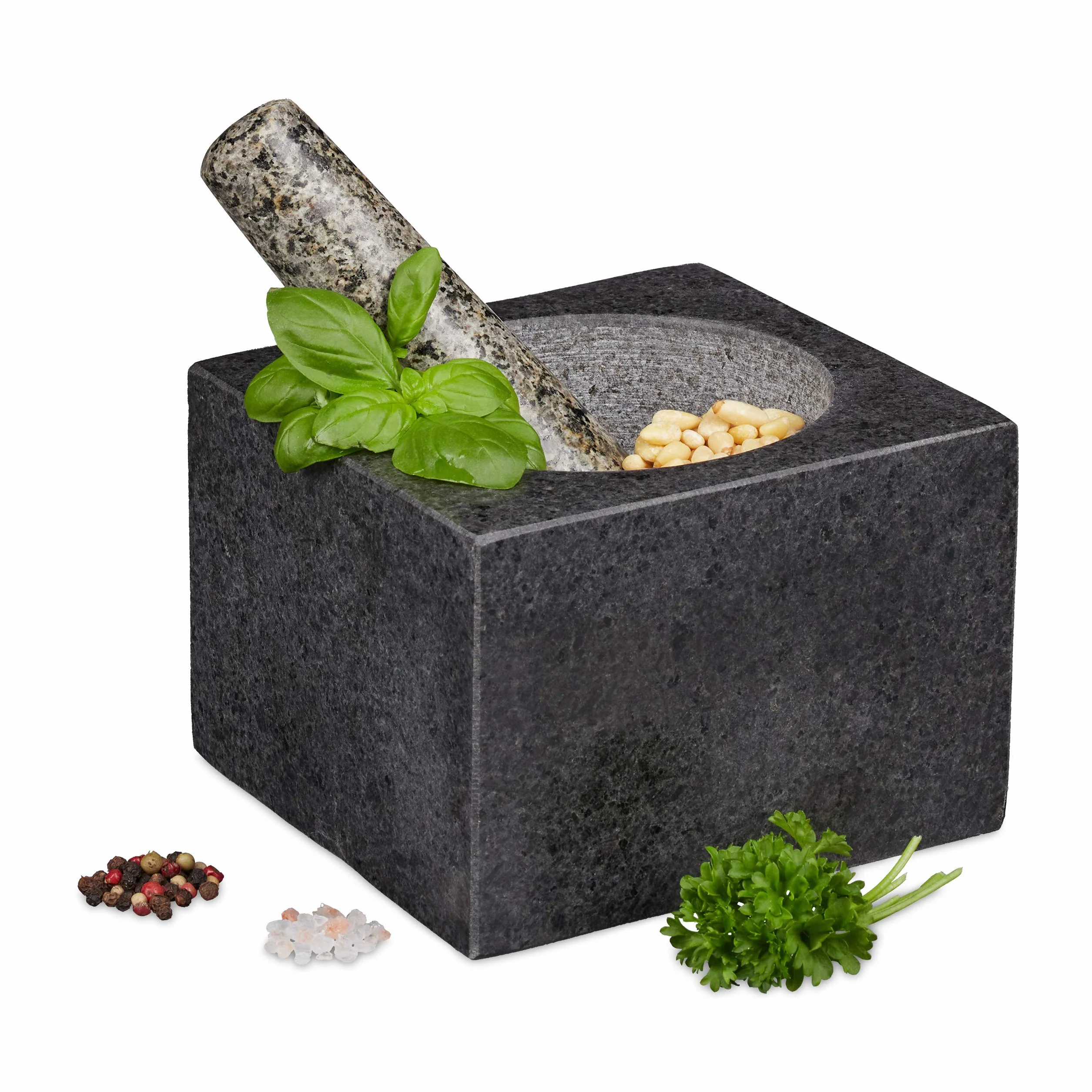 Relaxdays Mortaio e Pestello in Granito 500 ml Pietra Lucida Grigio Scuro