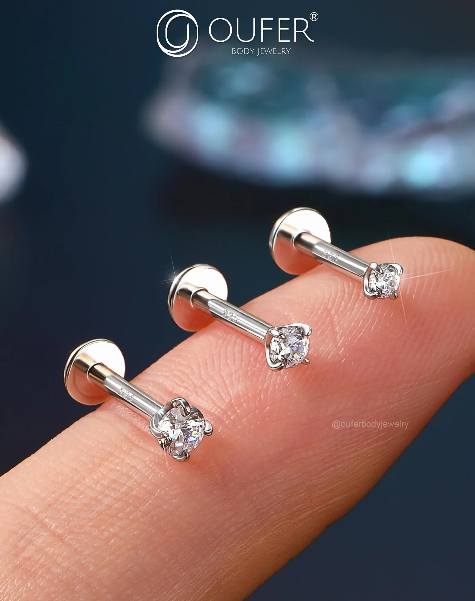 OUFER 16G Piercing Helix Filettato Interno Argento 925 Conch Lobe Lip Stud Trasparente 2/2.5/3 mm CZ Gioielli Per Il Corpo