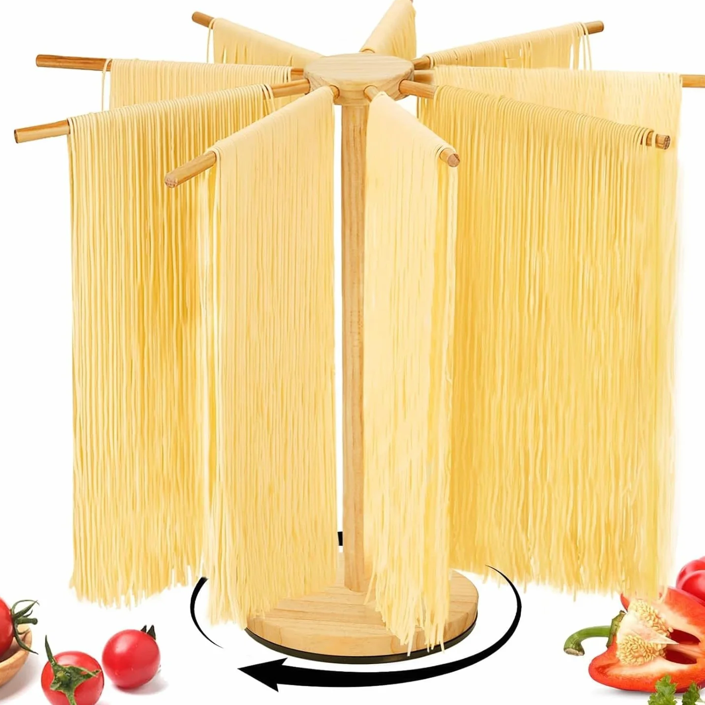 Asciugatrice per pasta, stendi pasta fresca spaghetti girevoli, con 9 manici staccabili, per pasta fresca fatta in casa, tagliatelle italiane cinesi (colore legno)