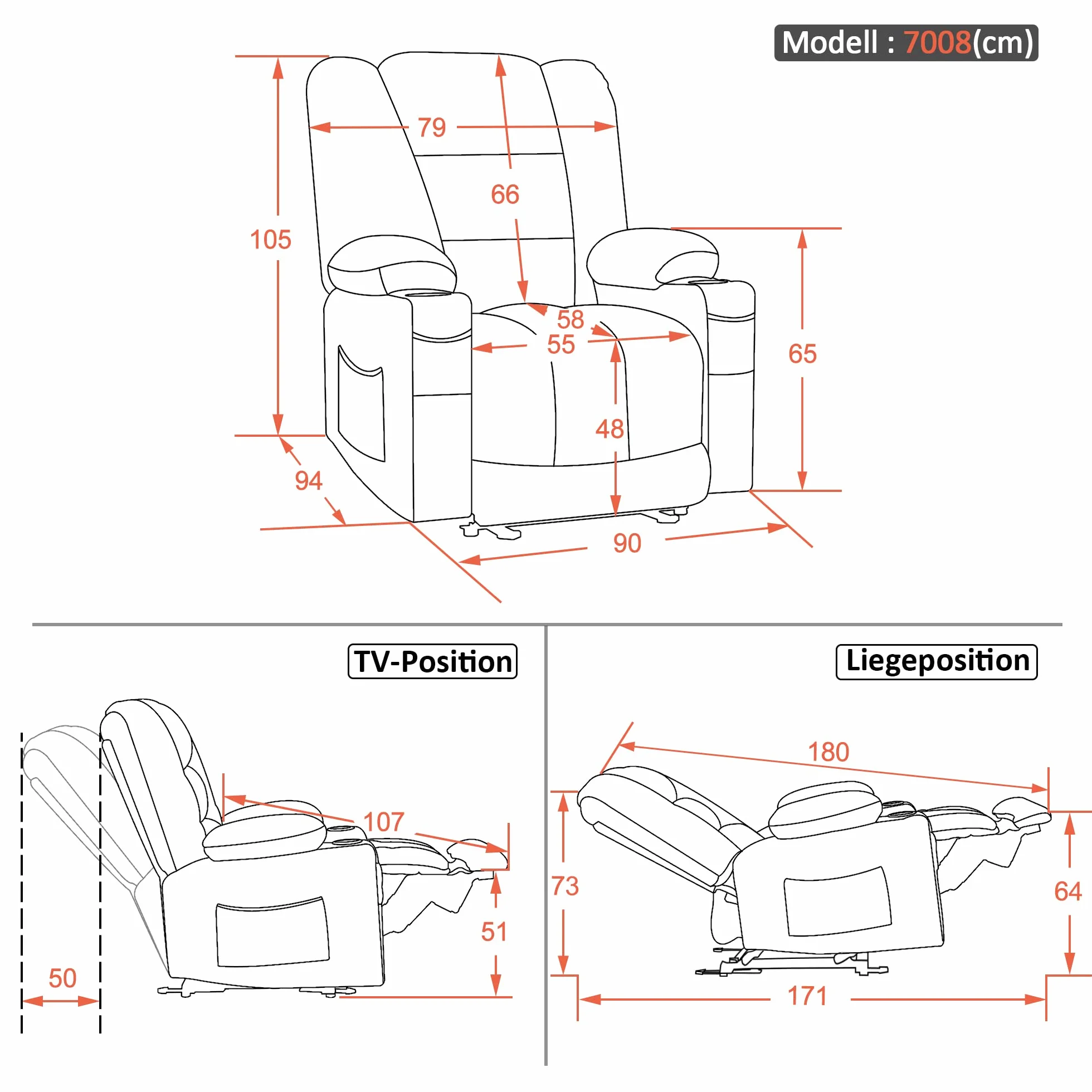 MCombo M Poltrona TV Regolabile elettricamente, poltrona reclinabile con funzione di reclinazione, poltrona TV con funzione Massaggio e Calore, USB e portabicchieri, Tessuto,7008 (grigio scuro)