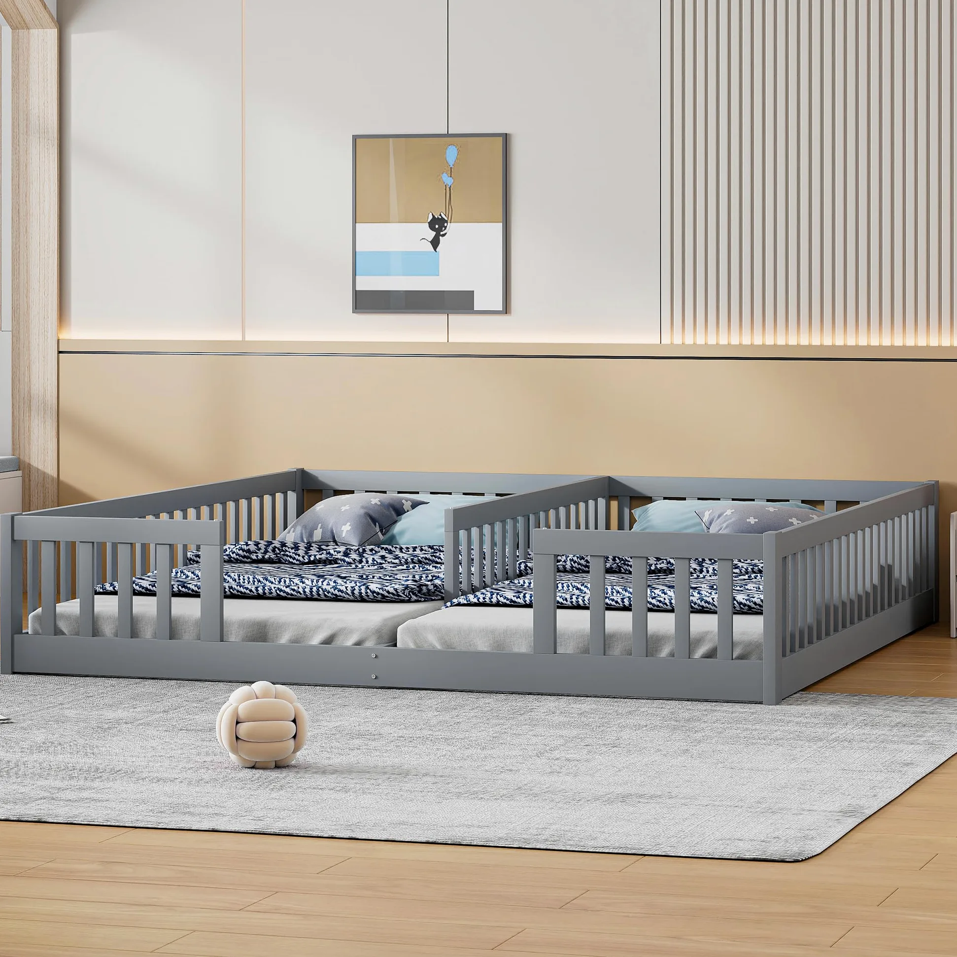 Lettino da pavimento 90 x 200 cm, con rete di sicurezza, in legno di pino, per famiglie con 2 bambini, letto gemellare con rete a doghe, grigio