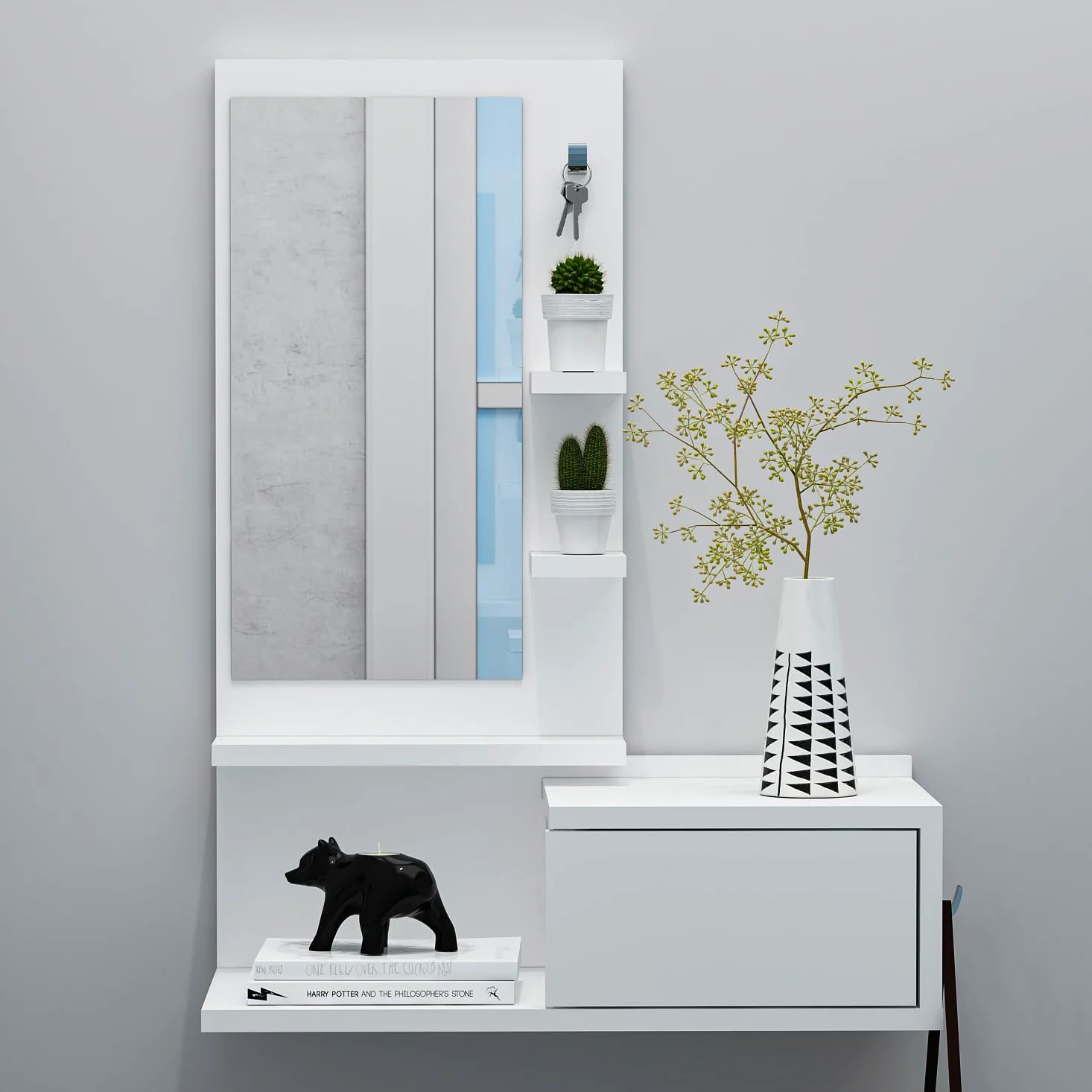 HOMIDEA ENKI Mobile sospeso per corridoio - Armadio con specchio - Armadio a parete per ingresso con cassetto, specchio e ripiano dal design moderno (bianco/bianco)