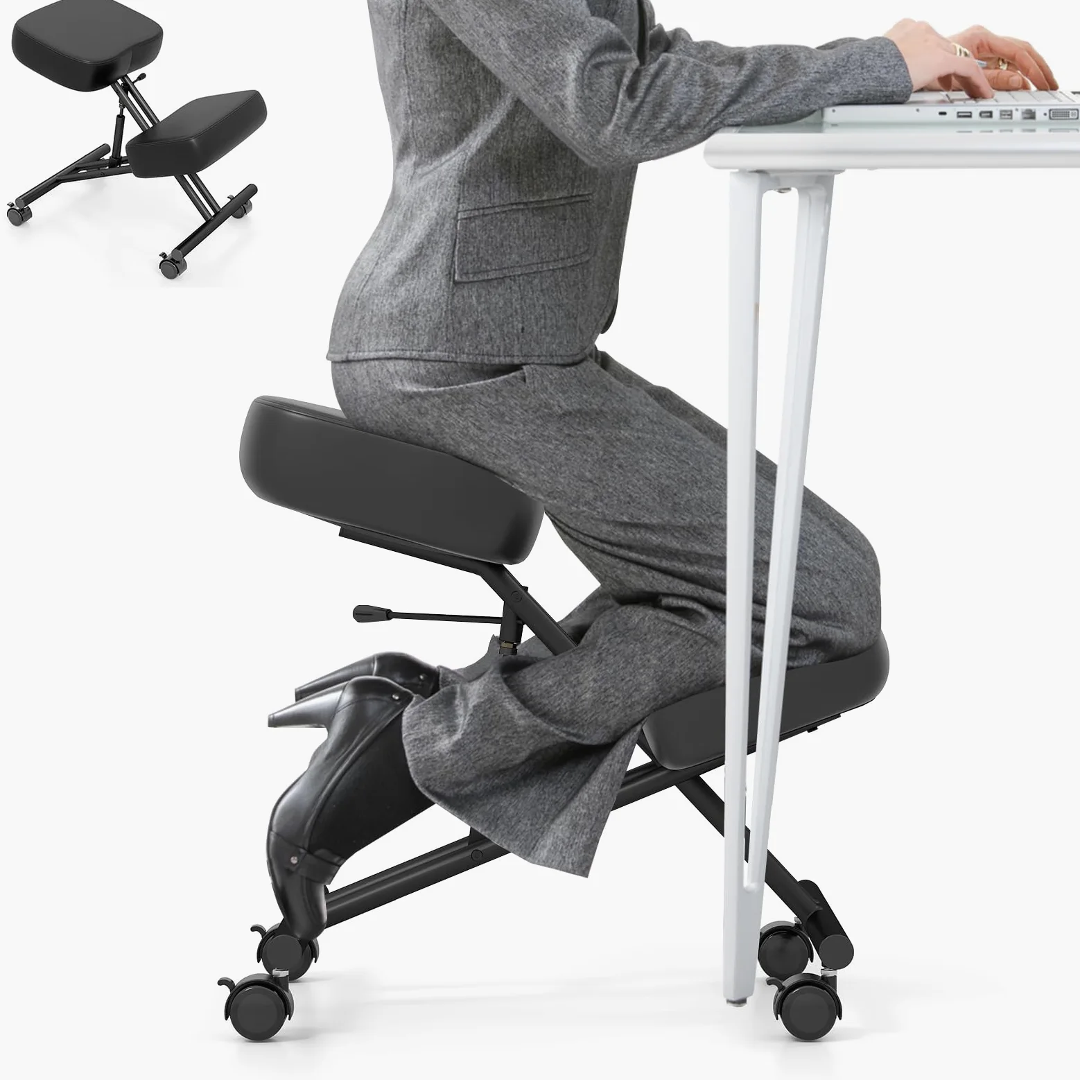 RELAX4LIFE Sedia a Ginocchio, Sedia Ergonomica a Ginocchio Regolabile in Altezza, Sgabello Imbottito da Ufficio con Ruote Universali Bloccabili, Ufficio, Home Office (72 x 46 x 68 cm)