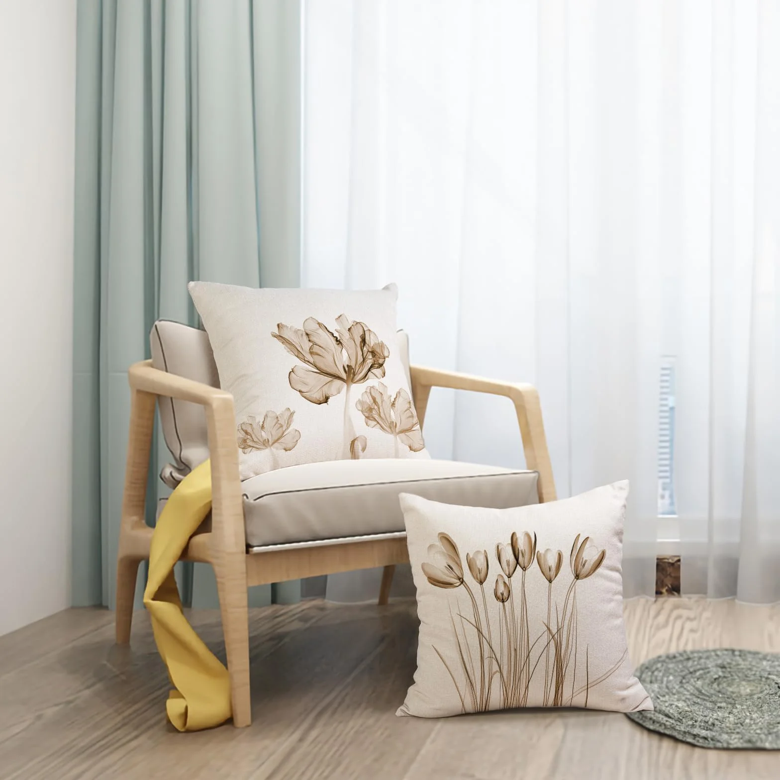 Fodera per Cuscino Decorativa in Lino 40x40 Set di 4 Floreale Pittura ad Acquerello