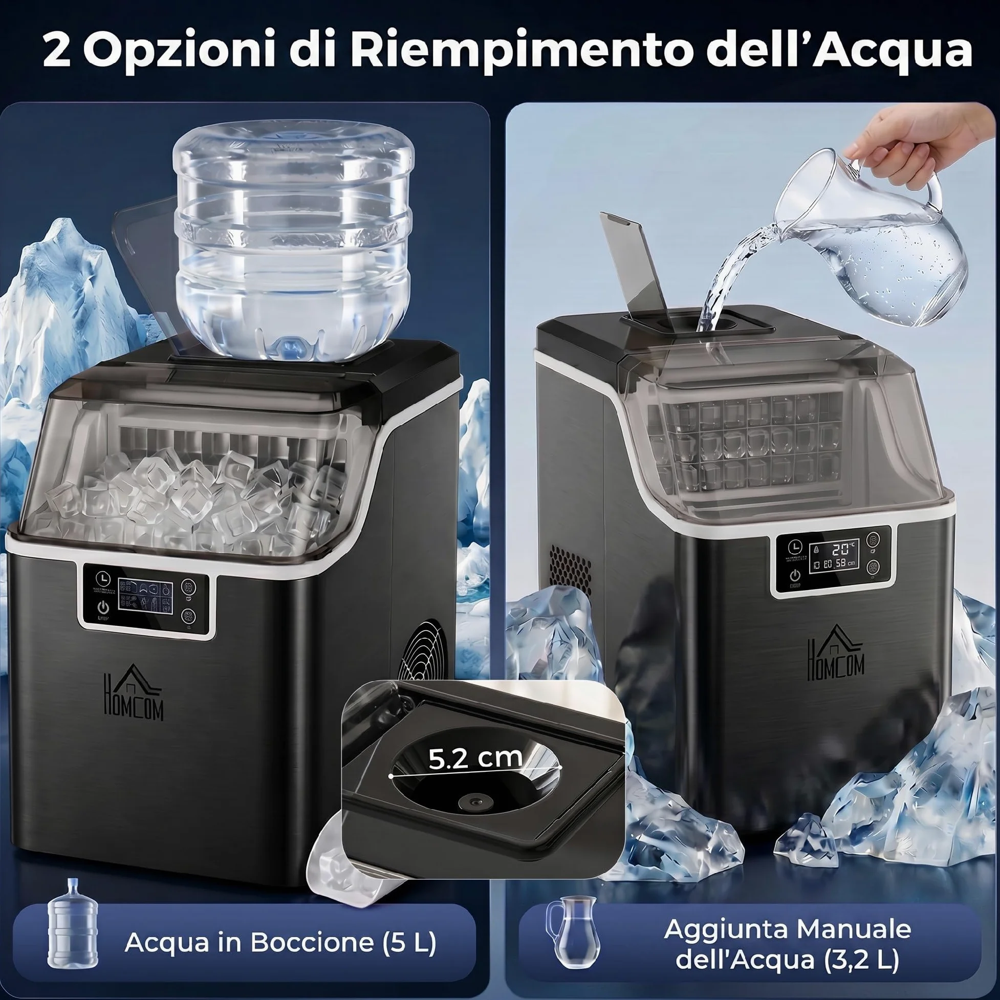 HOMCOM Macchina Ghiaccio 20kg in 24 Ore, Riempimento Manuale o con Bottiglia, 24 Cubetti in 14-18 Minuti con Paletta, Dimensione Regolabile, Serbatoio 3.2L e Sistema Autopulente, Nero