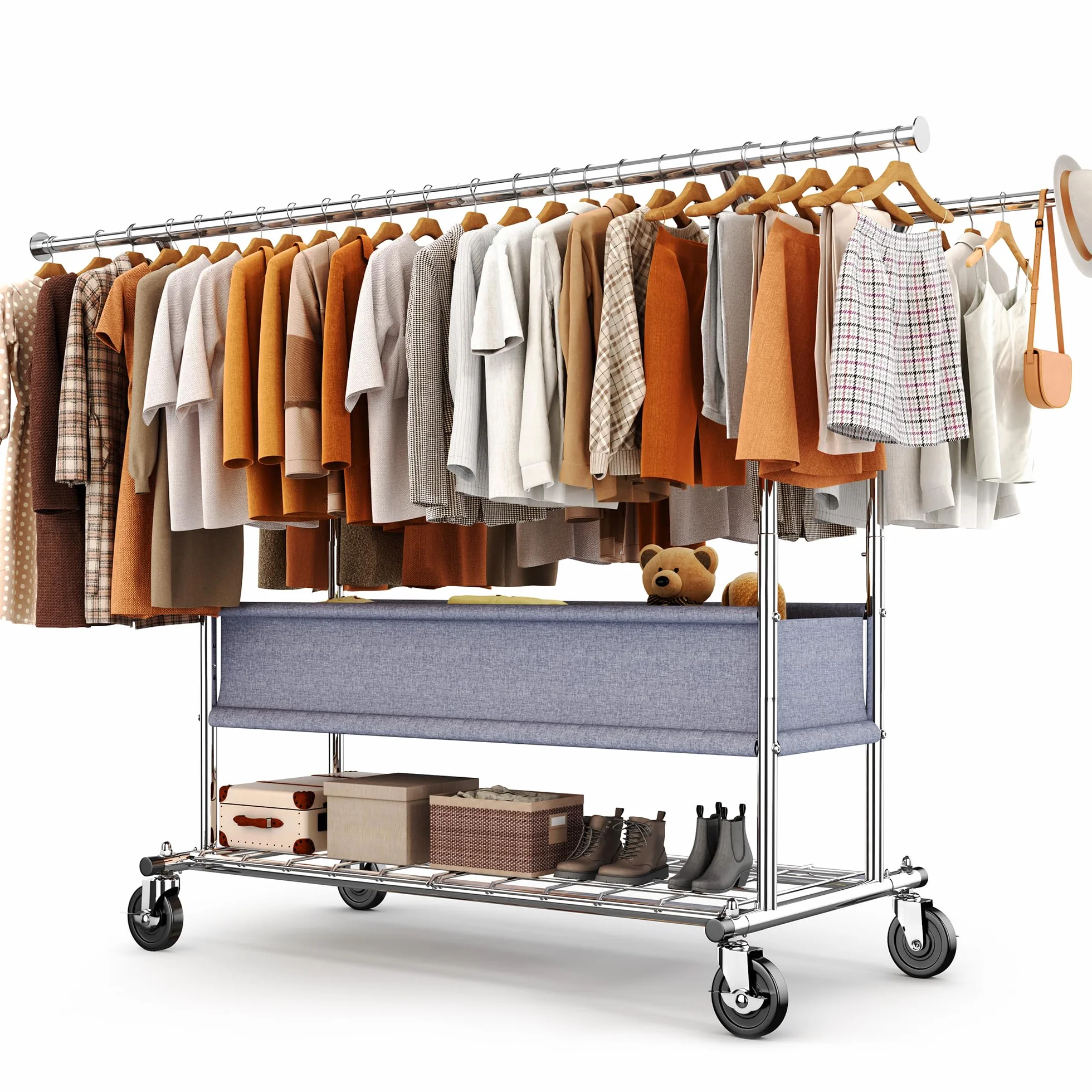 HOKEEPER Appendiabiti da Terra Resistente a Doppia Barra con Ruote, 283kg, con Cesta in Tessuto e Ripiano, Estensibile - Ideale per Camera da Letto, Boutique