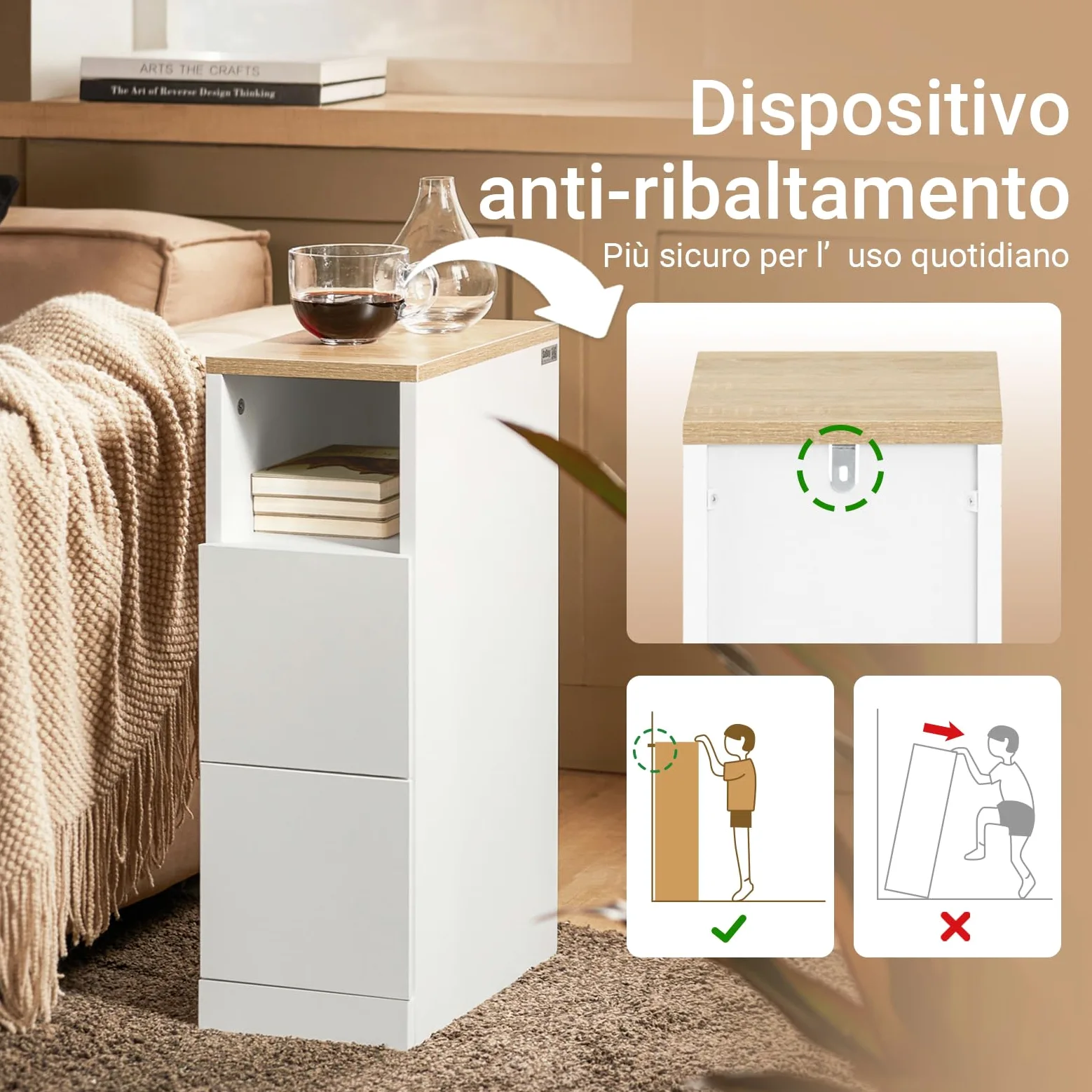SoBuy comodino camera da letto stretto 20 cm, 2 cassetti tavolino da letto & tavolino salotto, salvaspazio per spazi stretti, ideale per inquilini e letto a molle, bianco, 20x35x60 cm, FBT149-WN