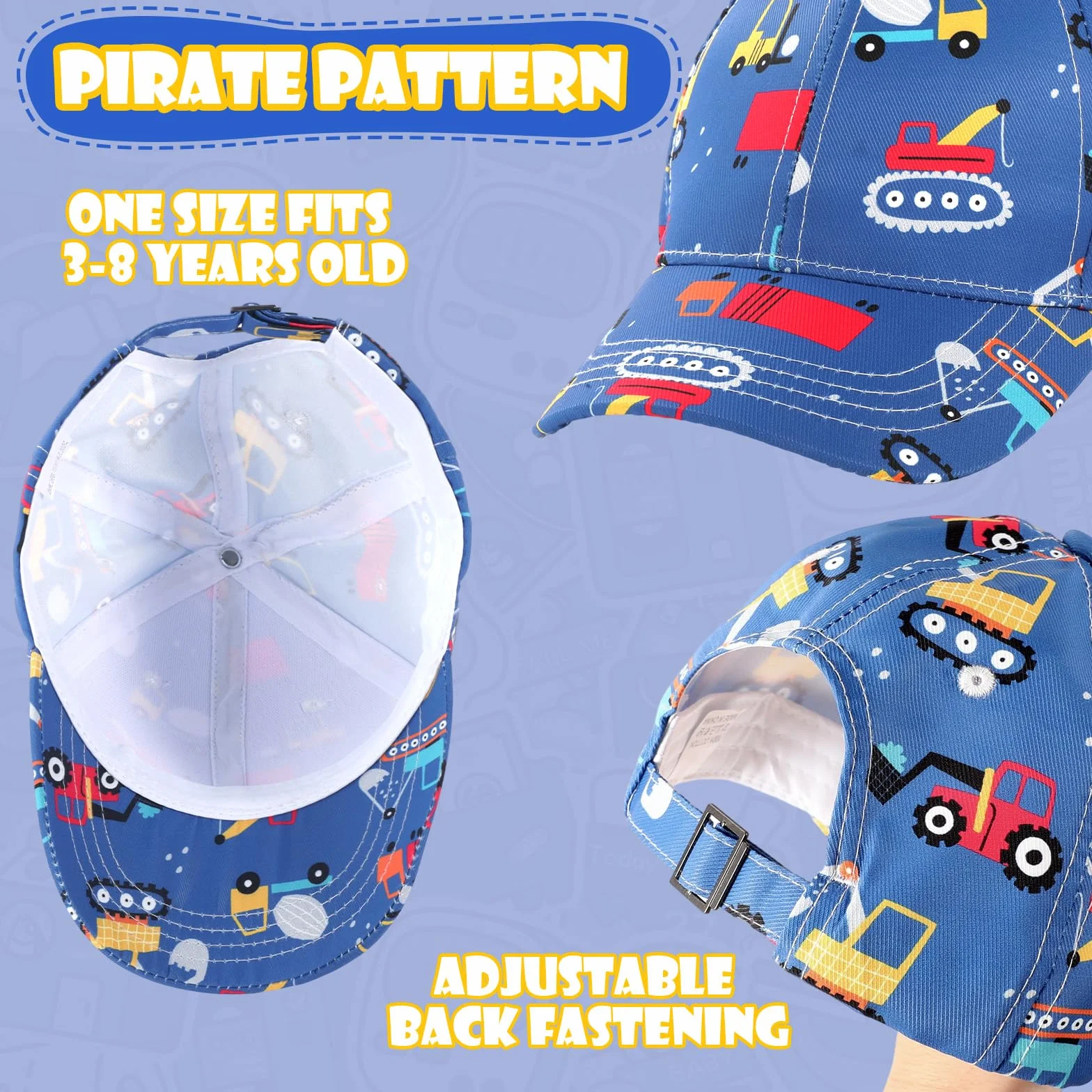 Cappellino Baseball Bambini 3-8 Anni Protezione UV Visiera Larga Berretto Sportivo Regolabile Chiusura Fibbia Design Camion Cantiere Escavatore