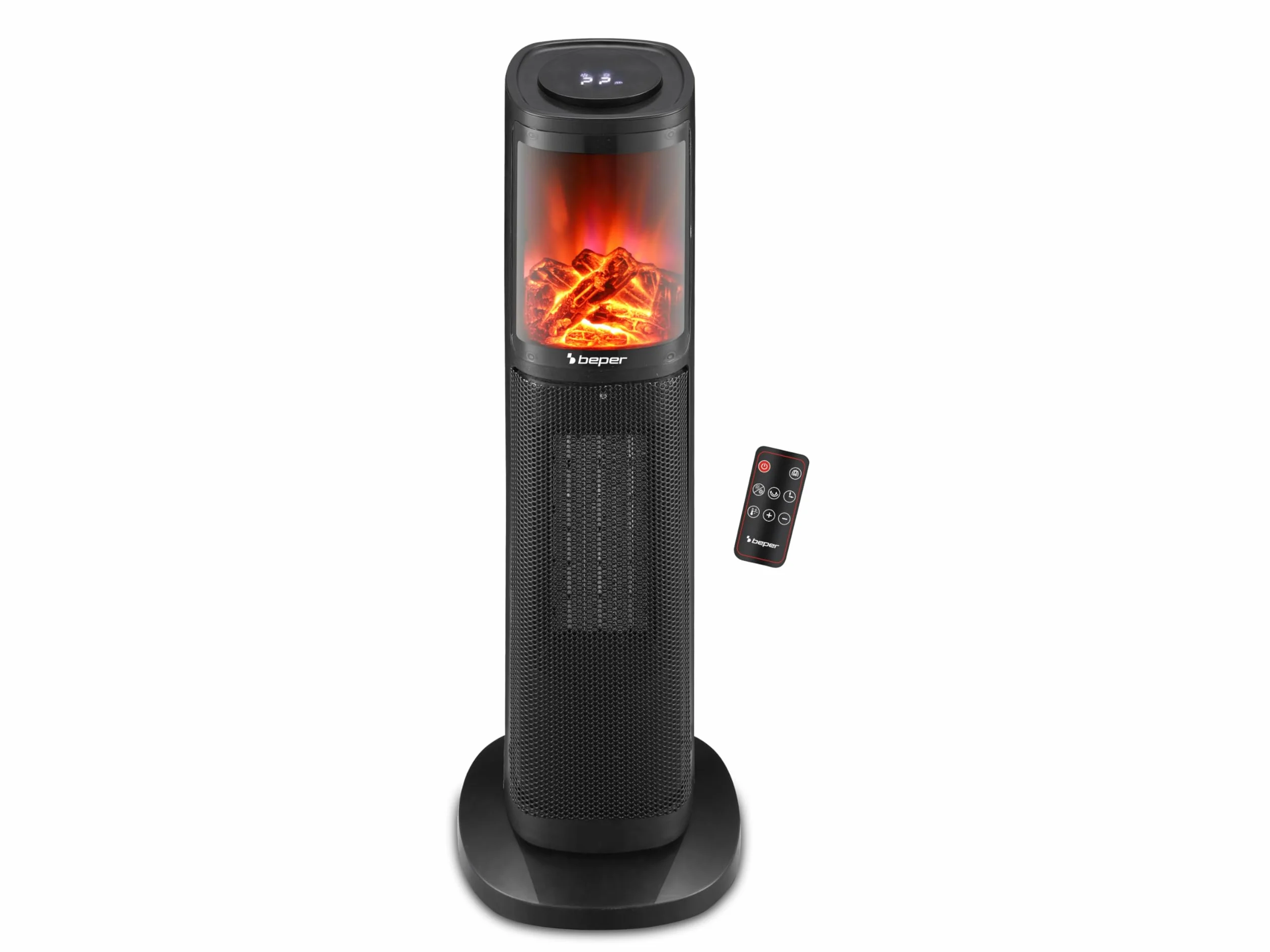 BEPER P203TER010 Termoventilatore ceramico a colonna, 2000w, Pannello di controllo touch, Fiamma LED, Telecomando incluso, Nero
